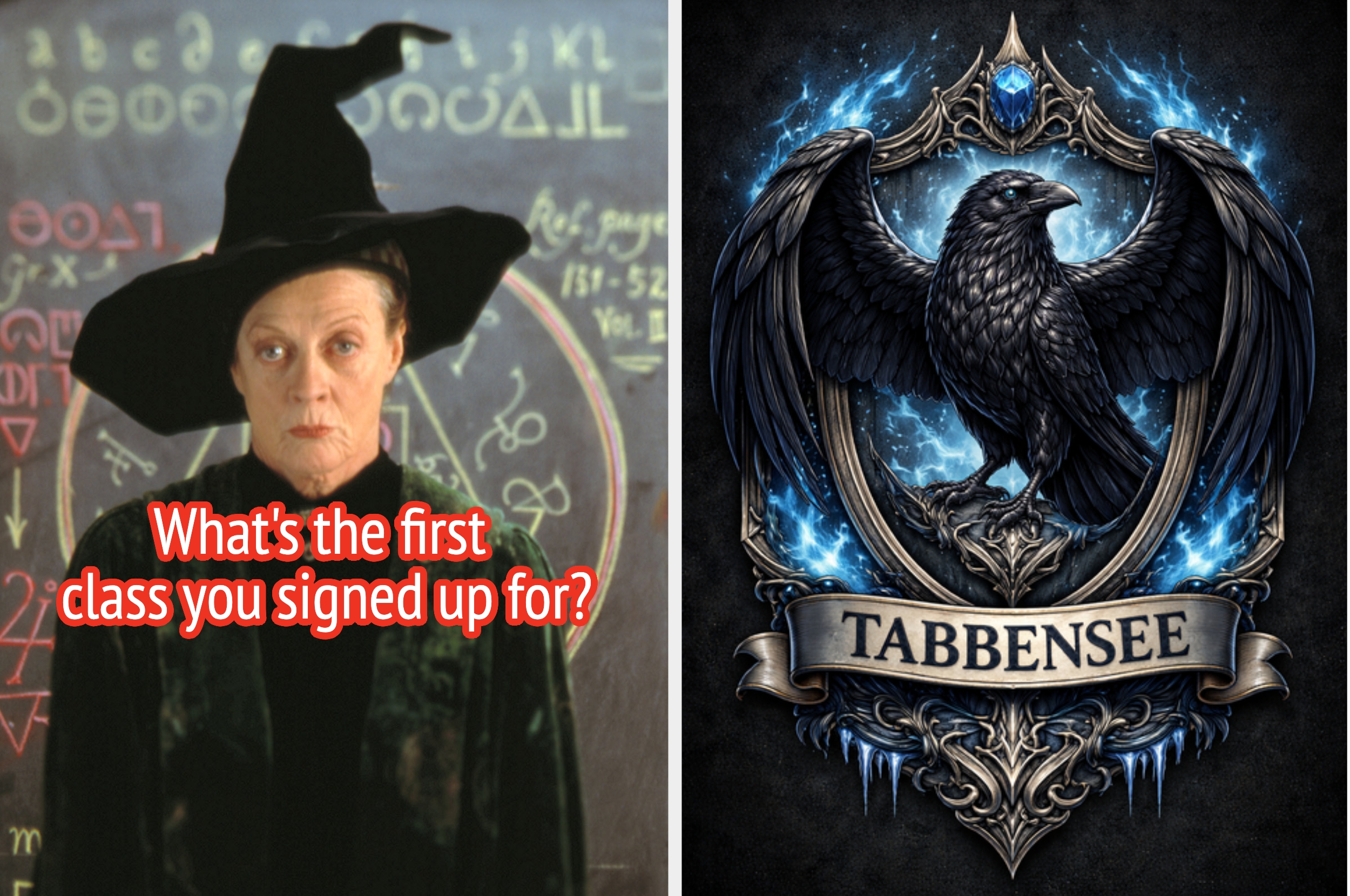 Person in witch hat standing before chalkboard. Text asks, "What's the first class you signed up for?" Raven emblem next to them reads "Tabbensee."