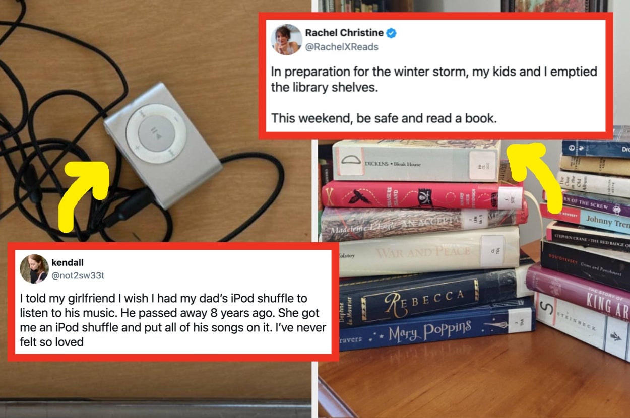 Two tweets discuss iPods and books: one mentions listening to an iPod Shuffle, the other suggests reading books during a storm