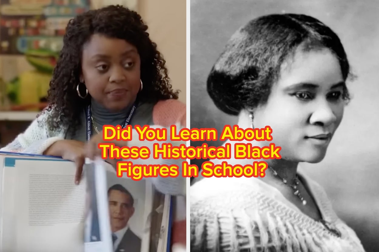 Woman holds a book open to a page with a photo of a man in a classroom. Next to her, a historic portrait of a woman. Text: "Did You Learn About These Historical Black Figures in School?"