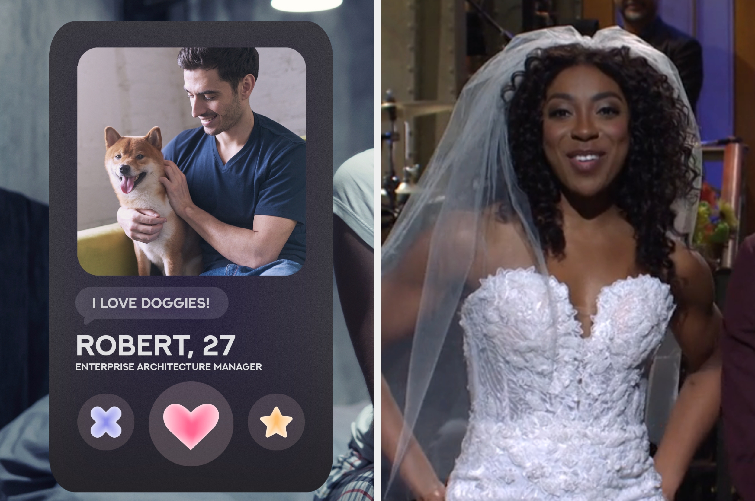 On the left, a man petting a dog on a dating app profile, and on the right, Ego Nwodim wearing a wedding dress on SNL