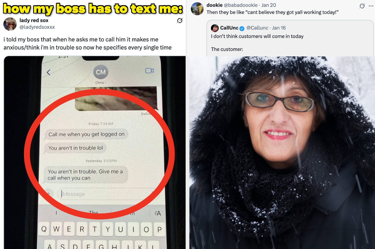 A text exchange where a boss asks an employee to contact them assuring them they aren't in trouble vs a woman in a snow covered hooded coat and glasses