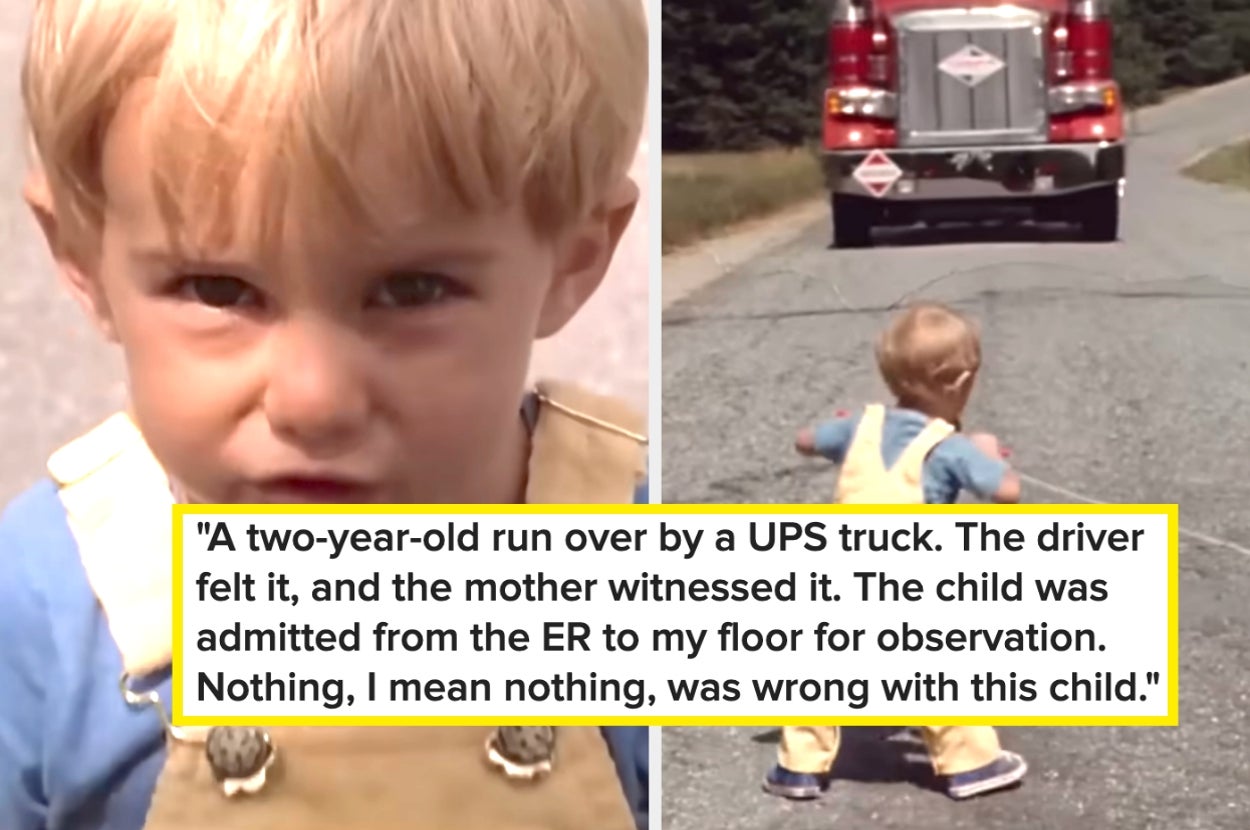 gage about to get hit by the truck in pet sematary with a caption about a 2-year-old getting hit by a ups truck but being fine