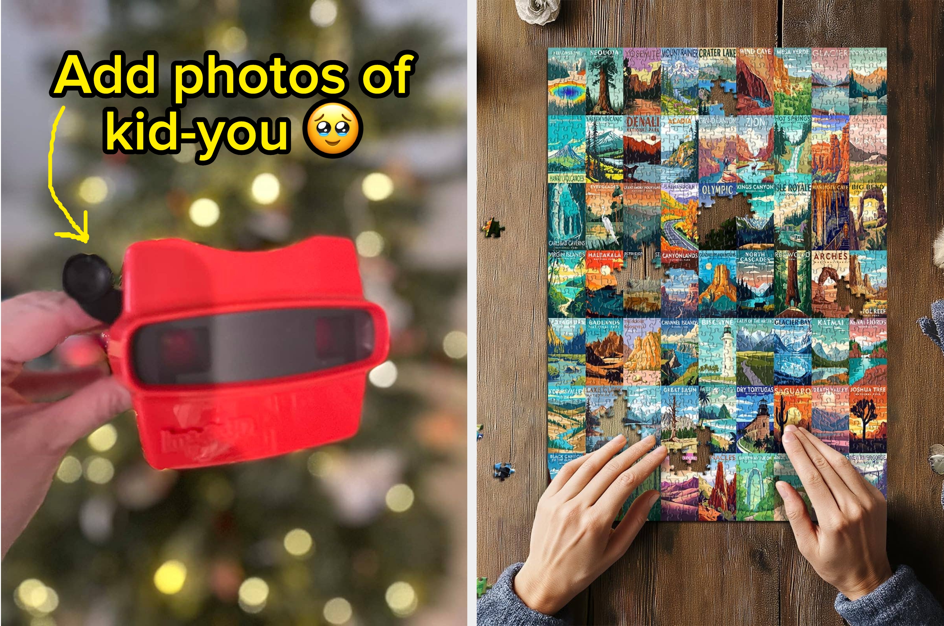 Holiday-themed gift ideas feature a retro photo viewer and a vintage travel-themed puzzle, both depicted with hands interacting