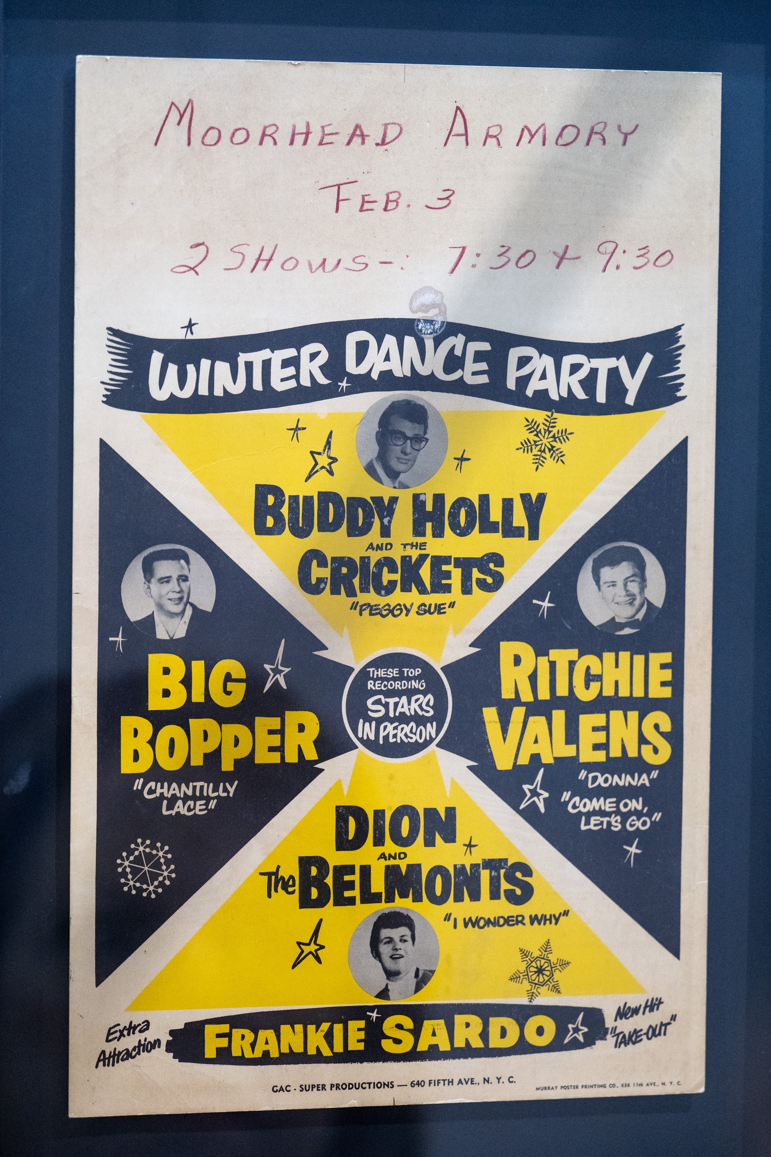 Poster for the Winter Dance Party astatine  Moorhead Armory, Feb 3, featuring Buddy Holly, Ritchie Valens, Big Bopper, Dion and the Belmonts, Frankie Sardo