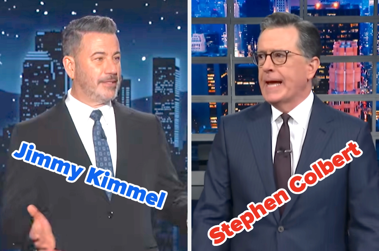Two people on TV talk shows, wearing suits, are named "Jimmy Kimmel" and "Stephen Colbert."