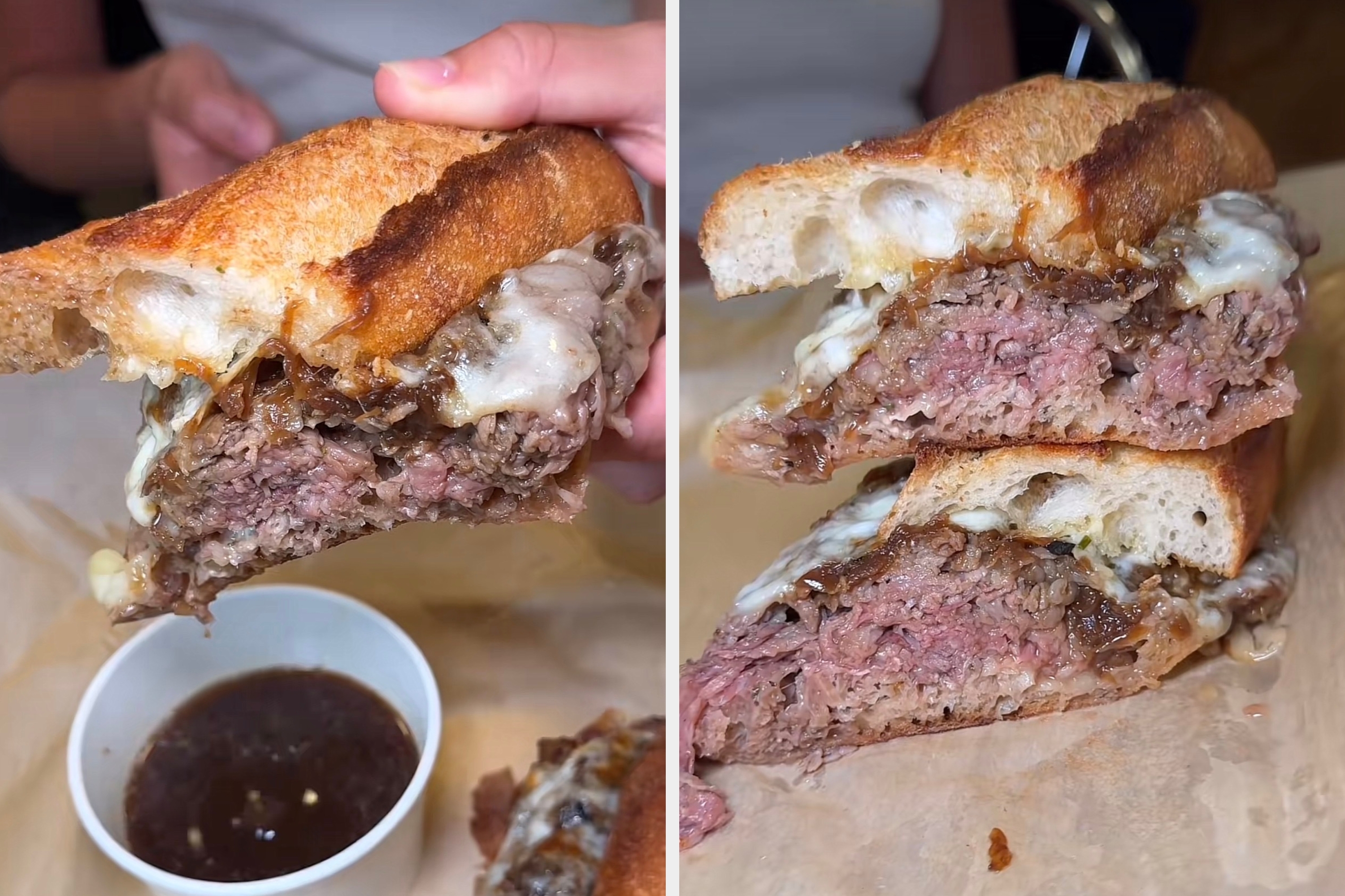 フレンチディップサンドイッチとソース、小さな容器でのサーブ。