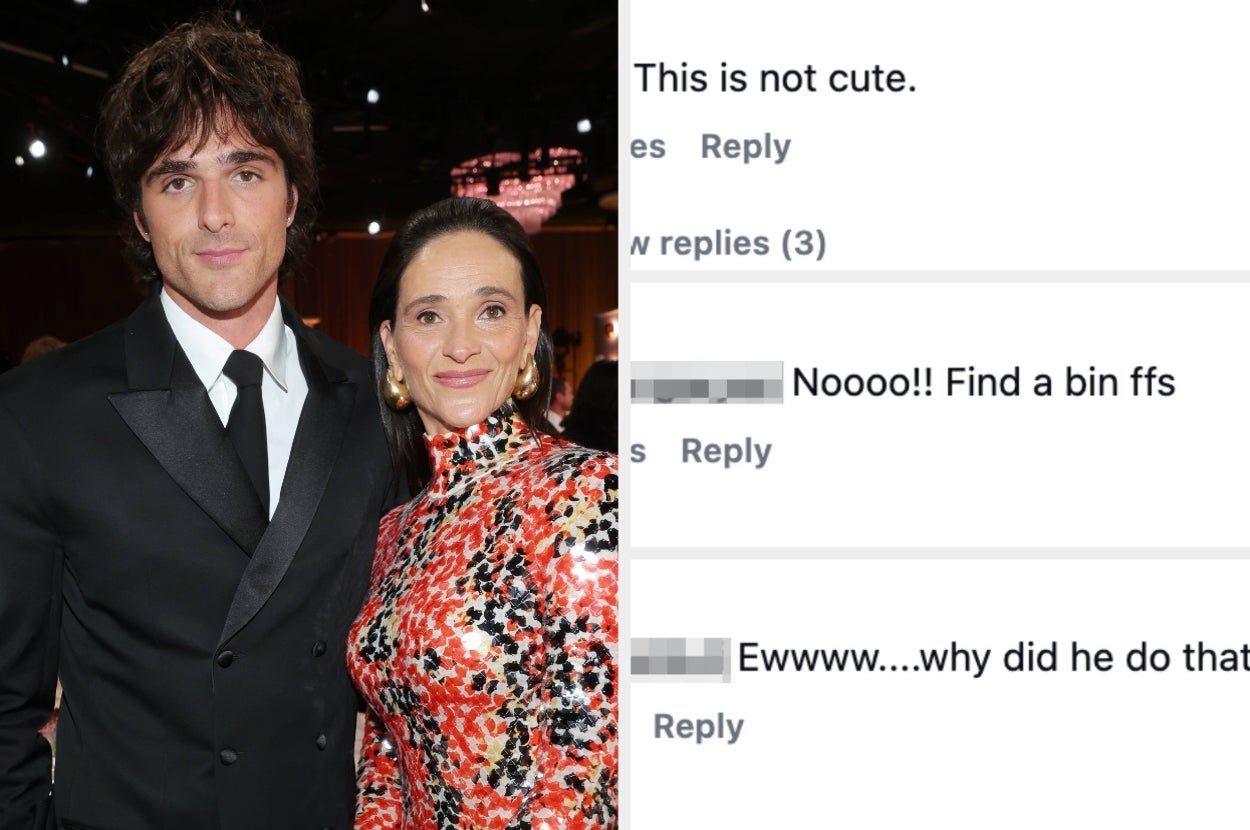 Left: Jacob Elordi and his mom at an event. Right: Social media comments expressing negative opinions on a viral moment
