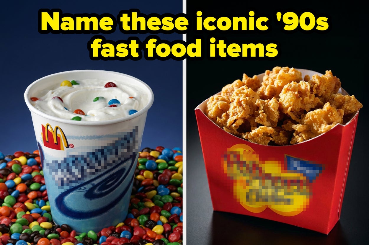 A McDonald's dessert with candy on the left and a box of chicken pieces on the right are featured, asking to name iconic '90s fast food items