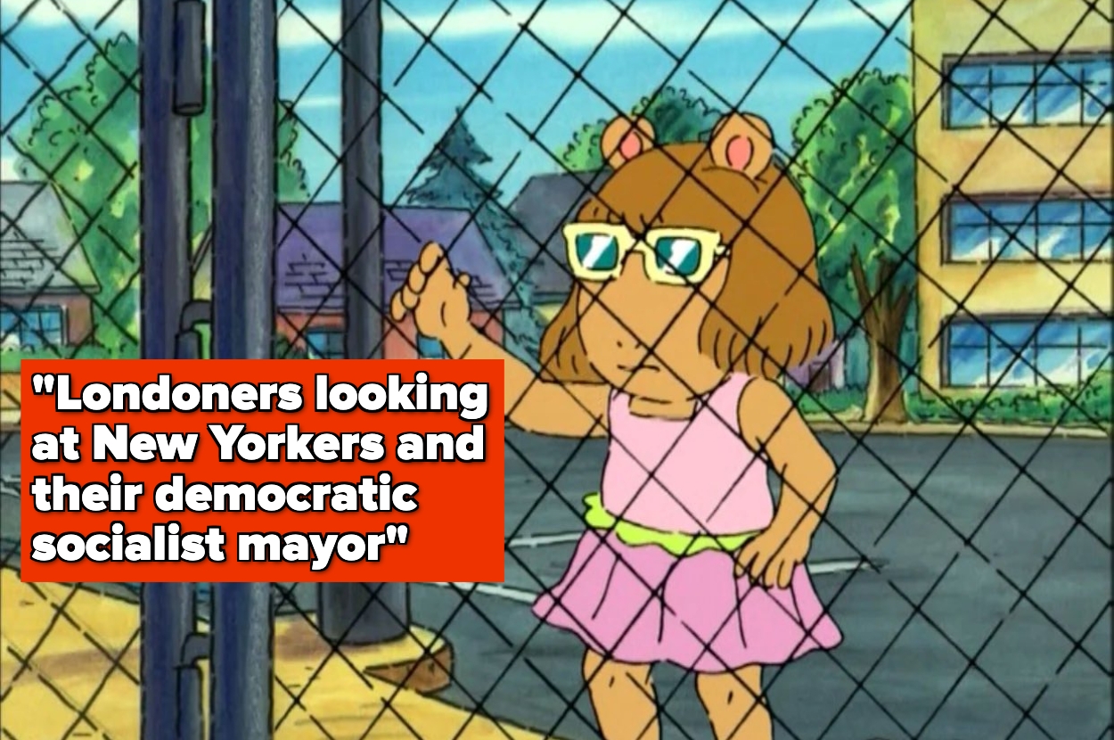 Cartoon animal character in glasses and pink dress behind a fence with caption: "Londoners looking at New Yorkers and their democratic socialist mayor."