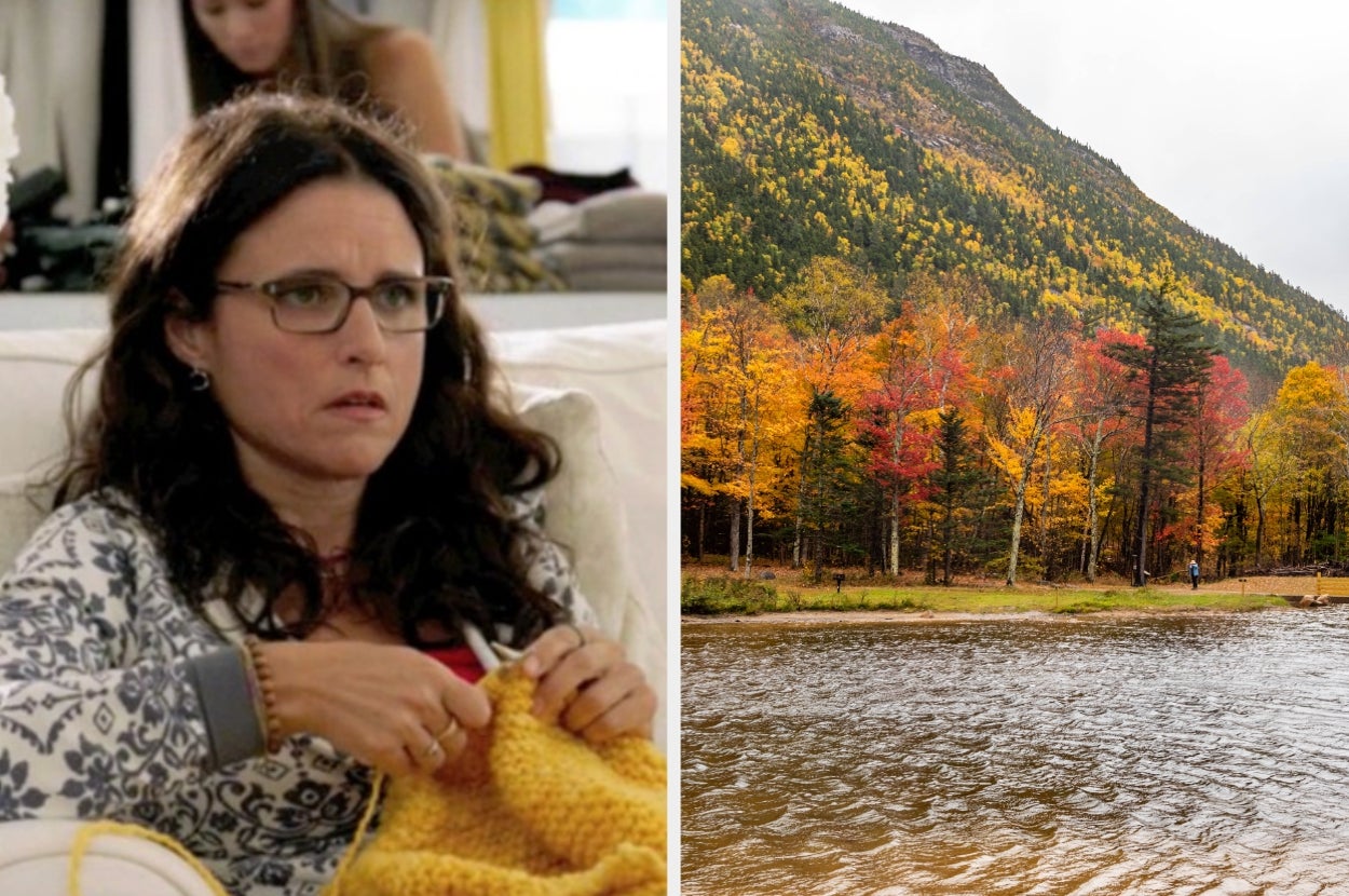 Person knitting yarn on a couch; scenic view of a lake with autumn trees and mountains in the background