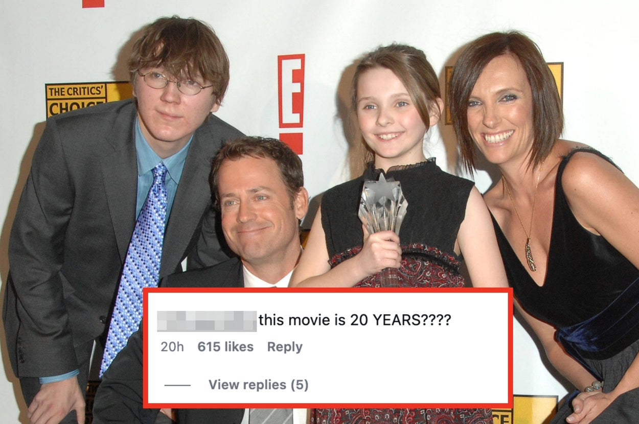 "Little Miss Sunshine" cast in a throwback pic. Comment reads: "this movie is 20 YEARS????"
