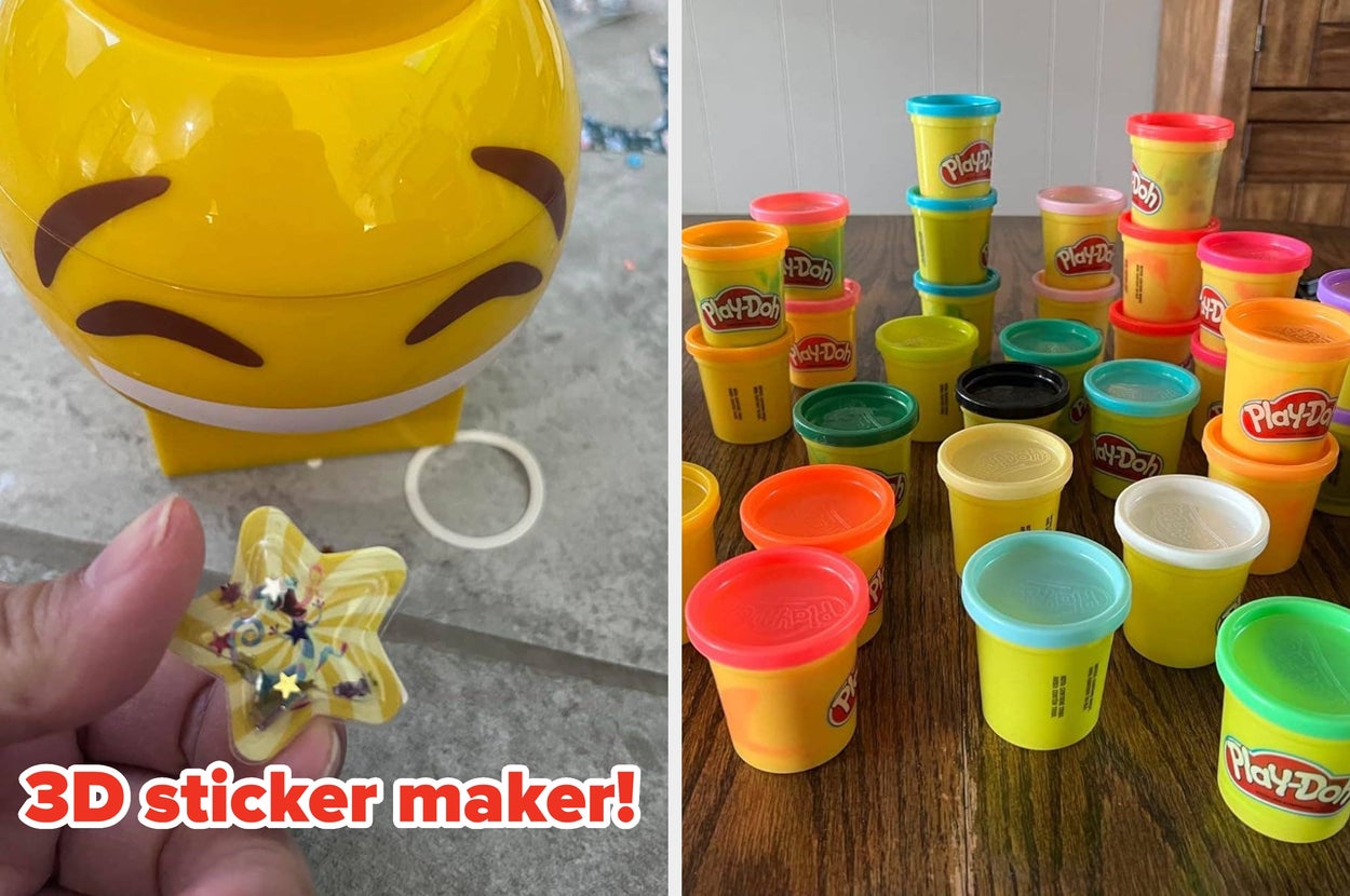On the left, a 3D sticker maker is shown in use. On the right, various Play-Doh containers in rows
