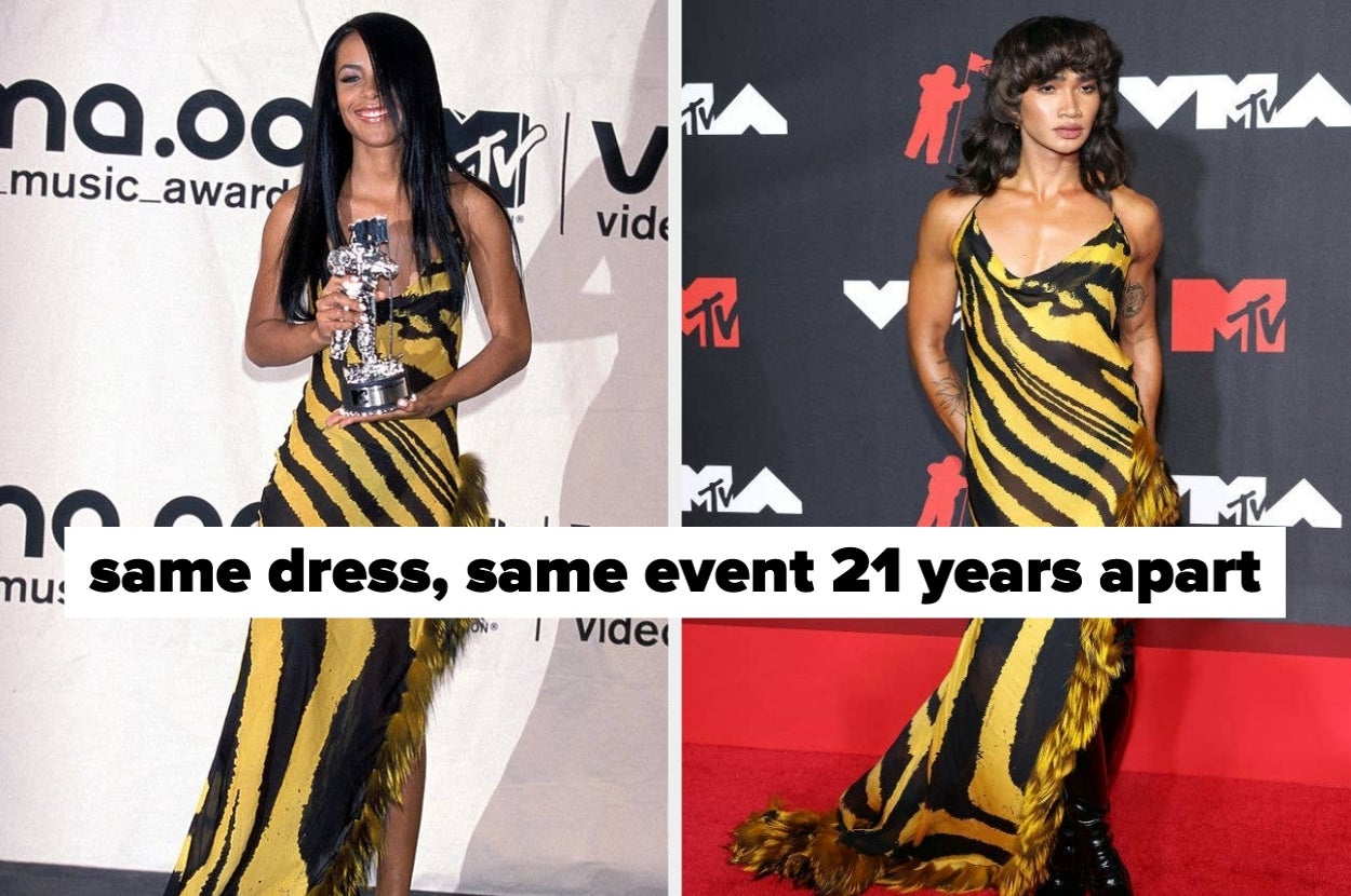 Aaliyah and Bretman Rock wearing the same tiger-striped dress to the same event 21 years apart
