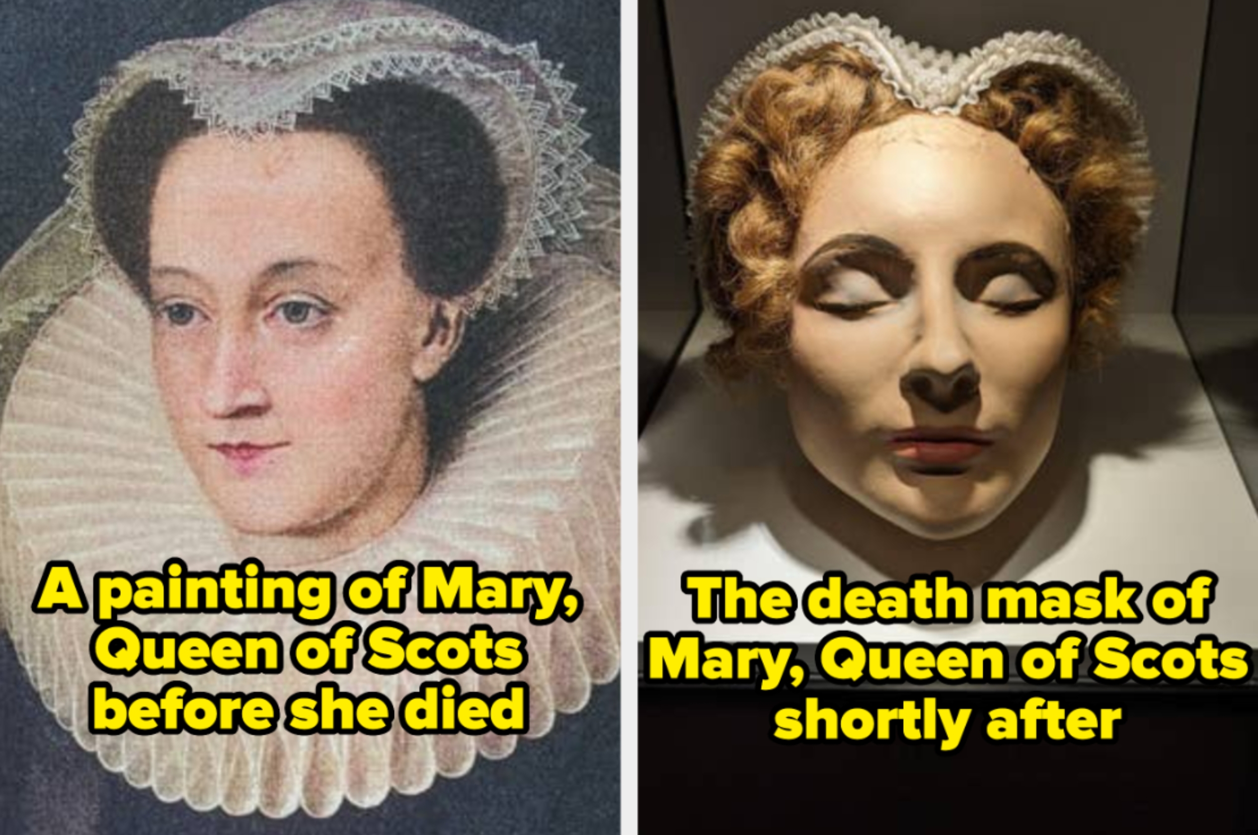 Side-by-side images show a painting and death mask of Mary, Queen of Scots, highlighting her appearance before and after death