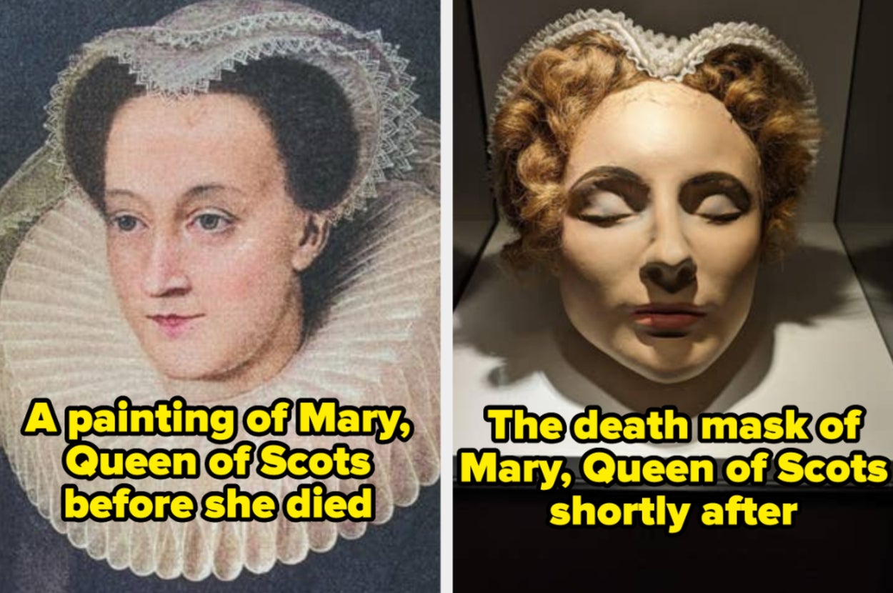 Side-by-side images show a painting and death mask of Mary, Queen of Scots, highlighting her appearance before and after death