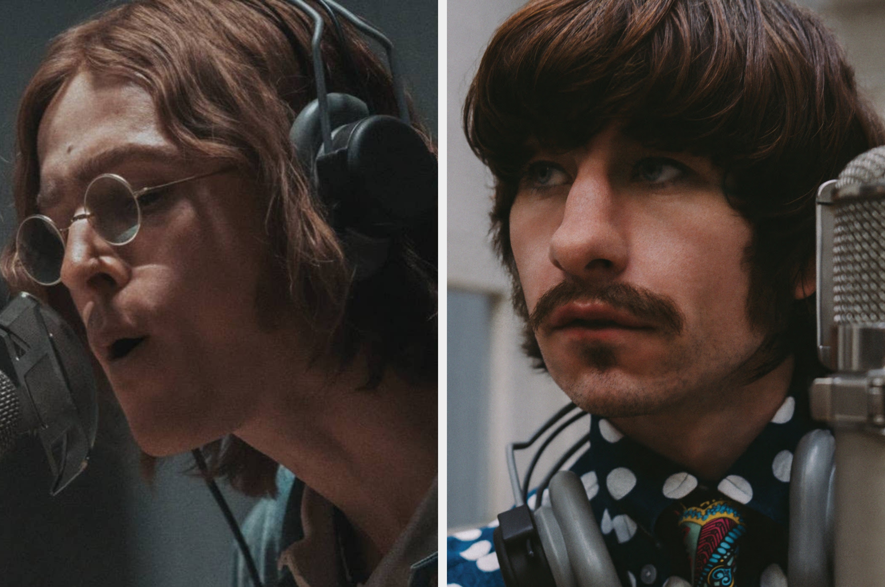 Side-by-side photos of an actor portraying a musician and an archival photo of the musician on stage