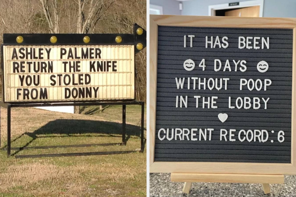 Left sign humorously asks Ashley Palmer to return a stolen knife. Right sign humorously notes 4 poop-free days in the lobby, aiming for a record of 6 days
