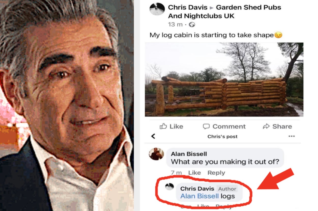Older man with styled hair on left. On right, Facebook post shows a log cabin being built. Comment mistakenly tags Alan Bissell instead of actual word "logs."
