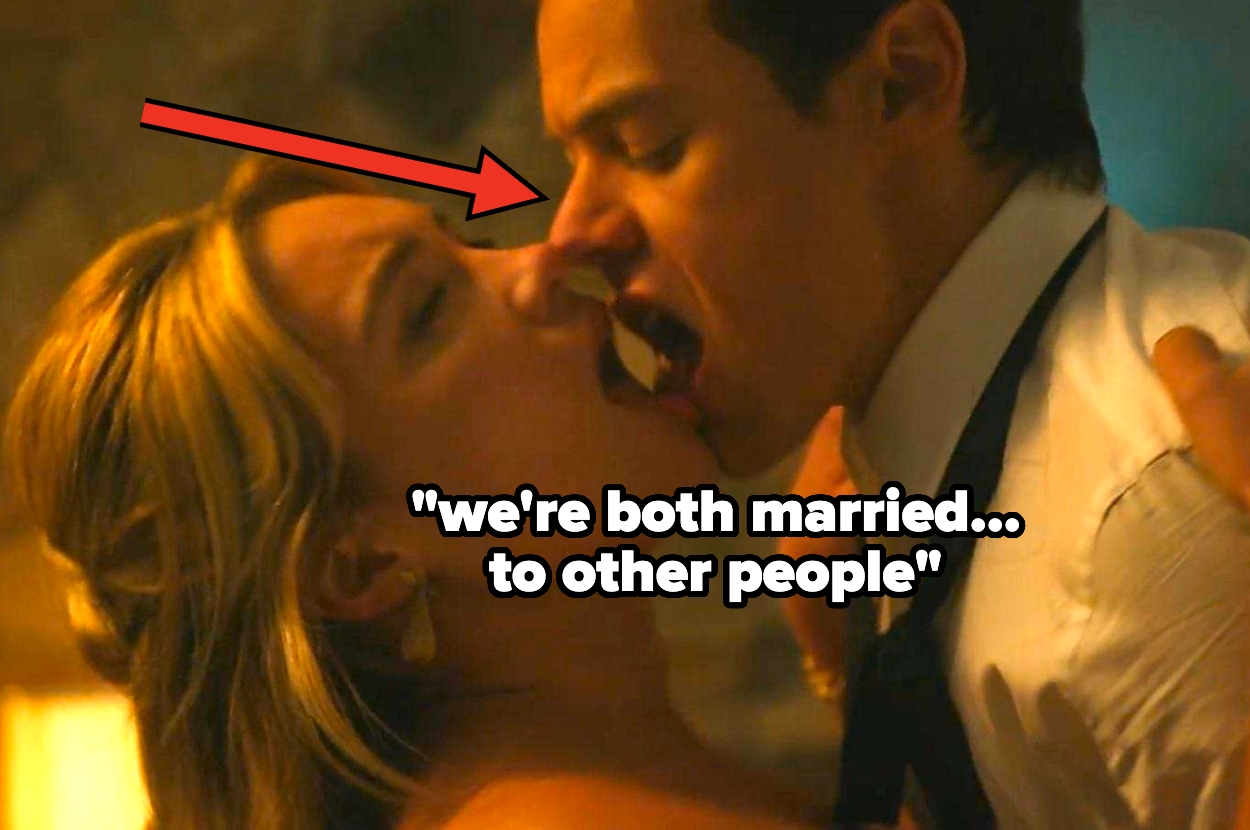 A couple passionately embraces. A text overlay reads, "we're both married... to other people," adding drama to the scene