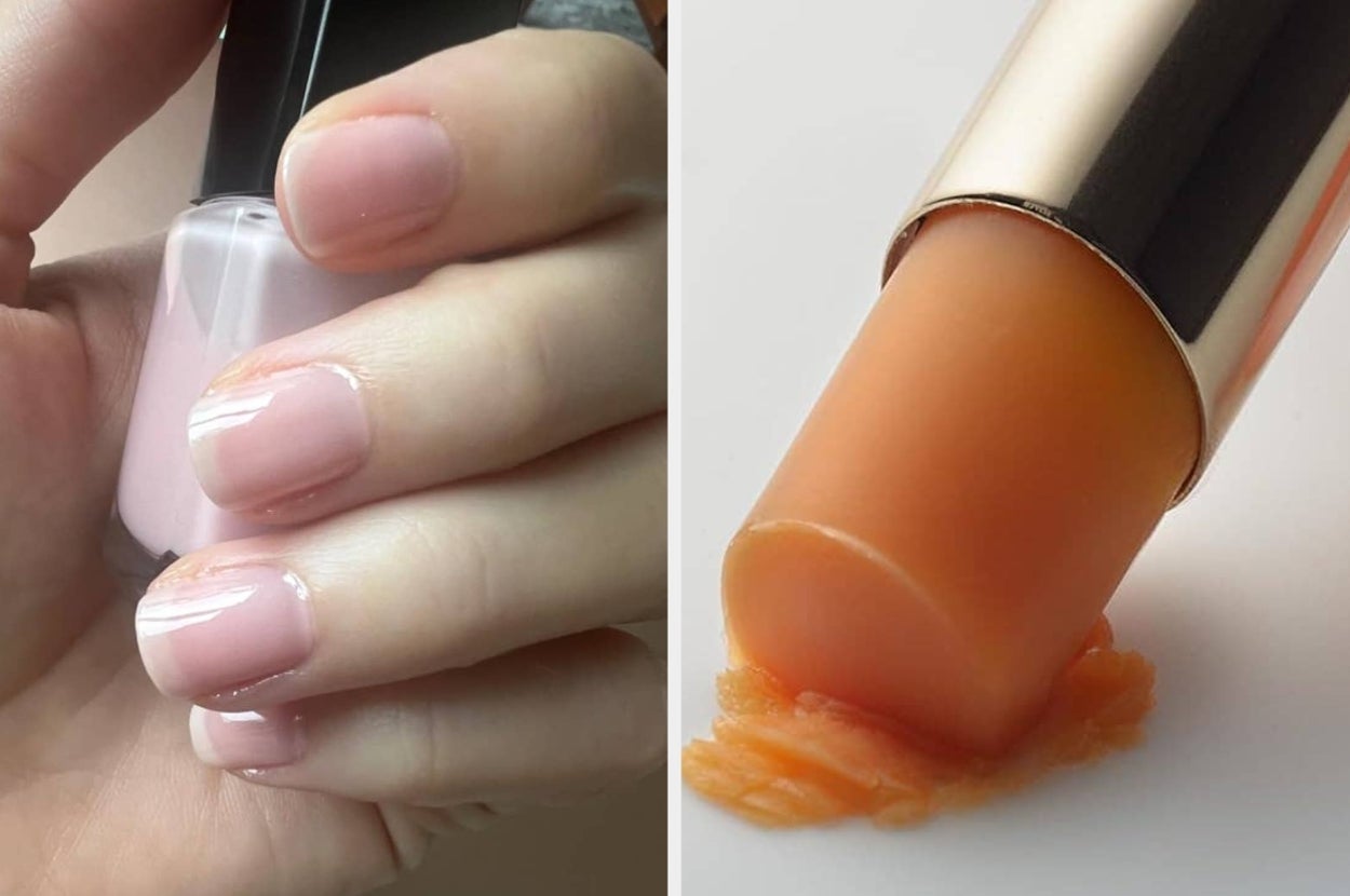 Close-up of a hand with manicured nails holding a nail polish bottle, next to a lipstick with visible application