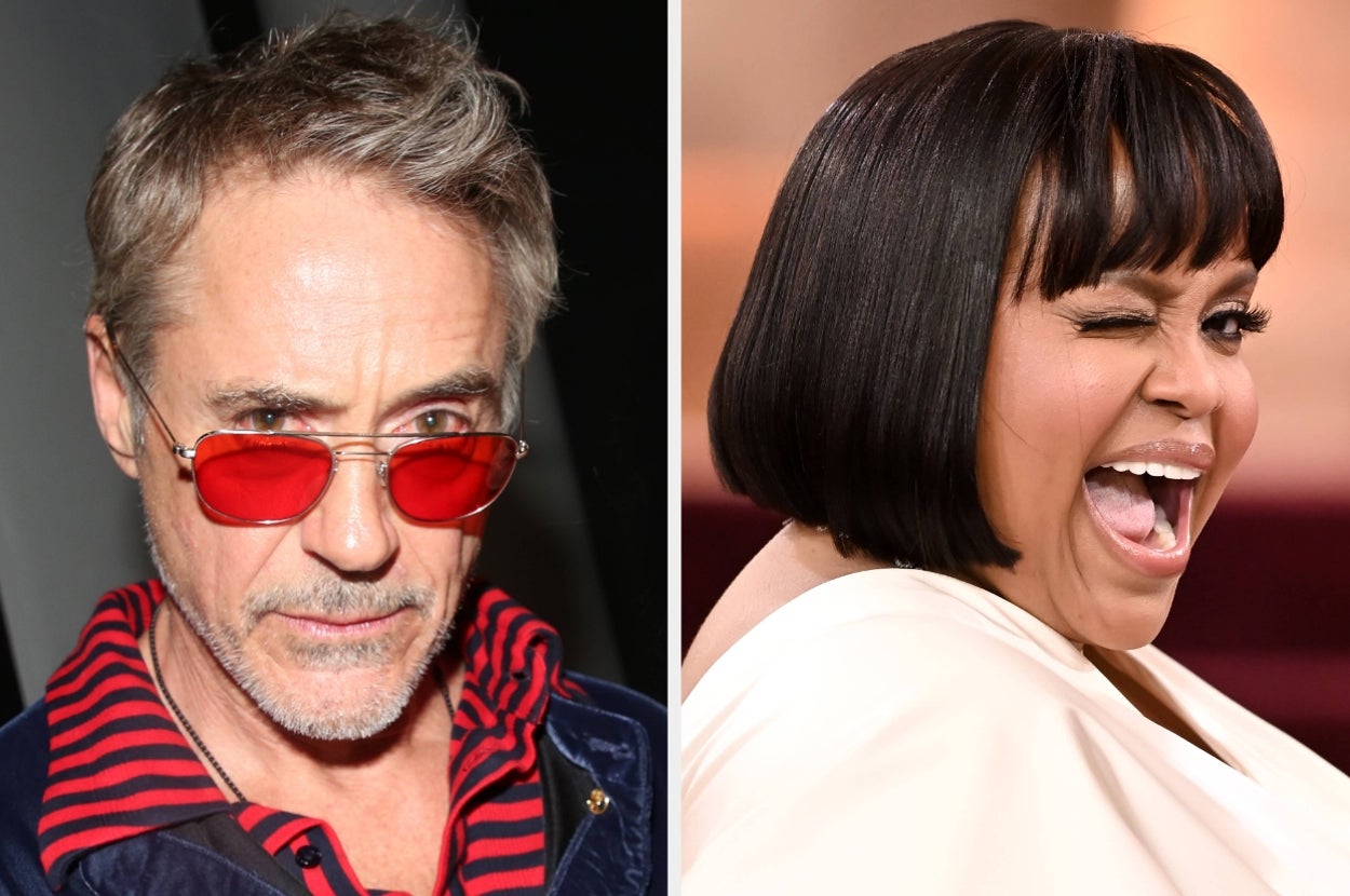 Two celebrities, one wearing a striped shirt and red glasses, the other in a white outfit, smiling and winking at the camera