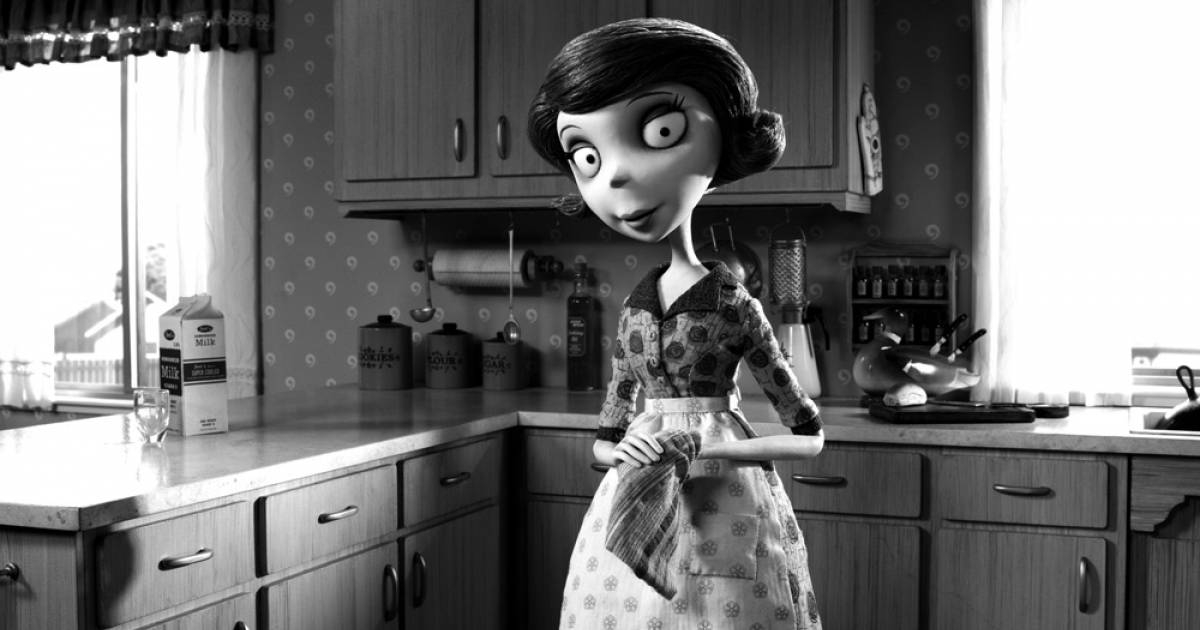 Animated character in a vintage-style kitchen, wearing a polka dot dress and apron, holding a dish towel, with a quirky and cheerful expression