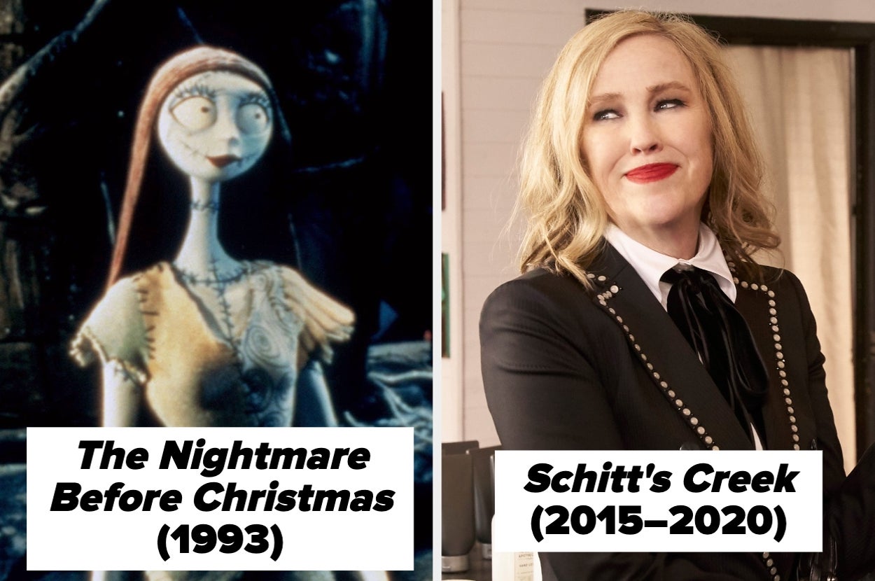 Split image with a character from "The Nightmare Before Christmas" (1993) on the left and a person in a tailored suit from "Schitt's Creek" (2015–2020) on the right