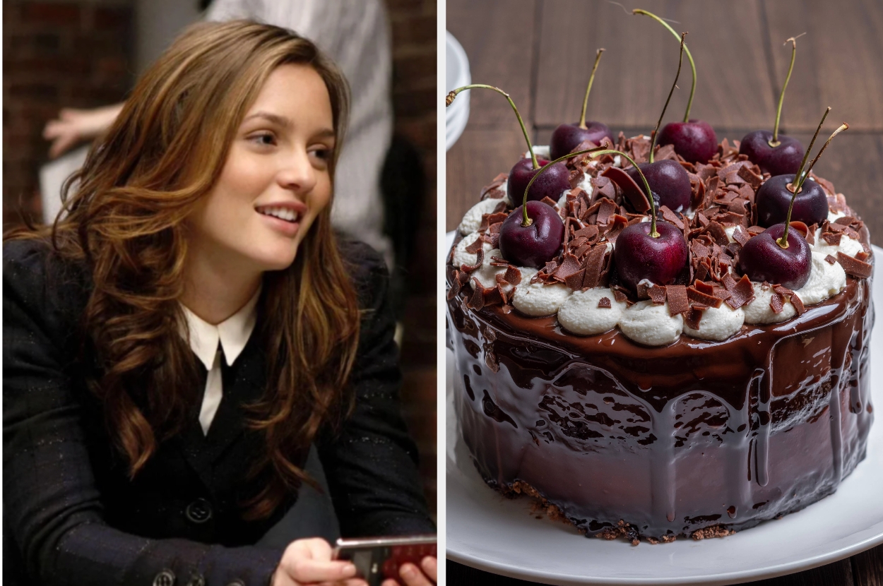 Person smiling, holding a phone; chocolate cake with cherries and whipped cream on the side