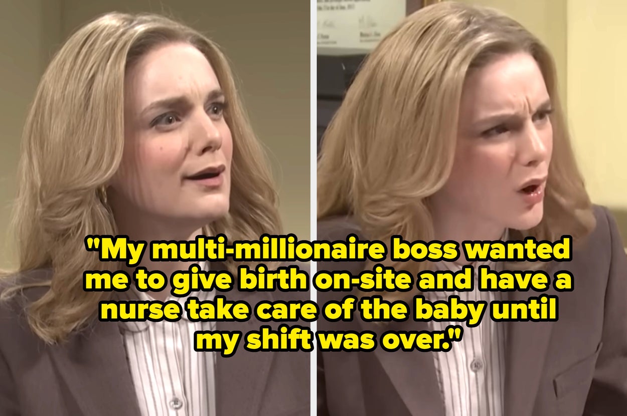 shocked women in office attire captioned "My multi-millionaire boss wanted me to give birth on-site and have a nurse take care of the baby until my shift was over"