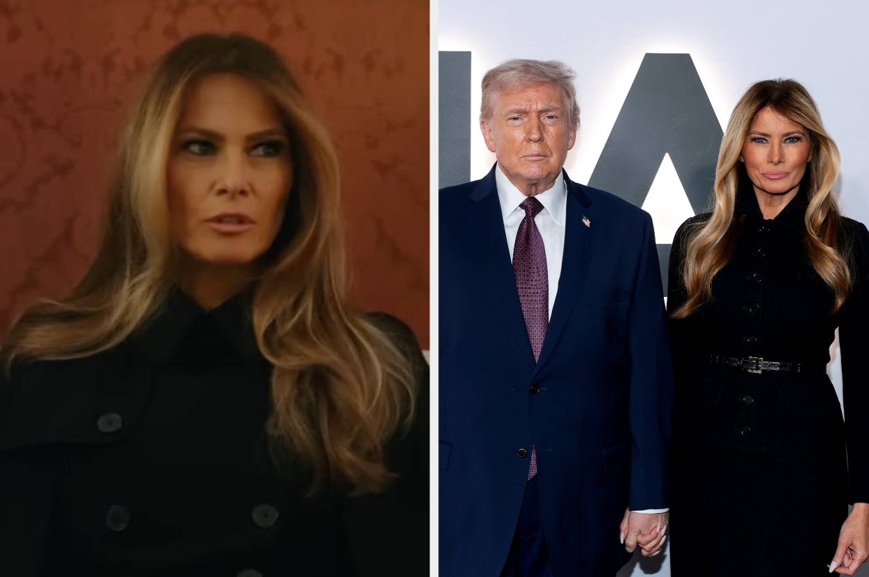 Two images: Left shows a woman speaking, wearing a collared dark coat. Right shows a man and woman posing together on a red carpet, both in dark attire