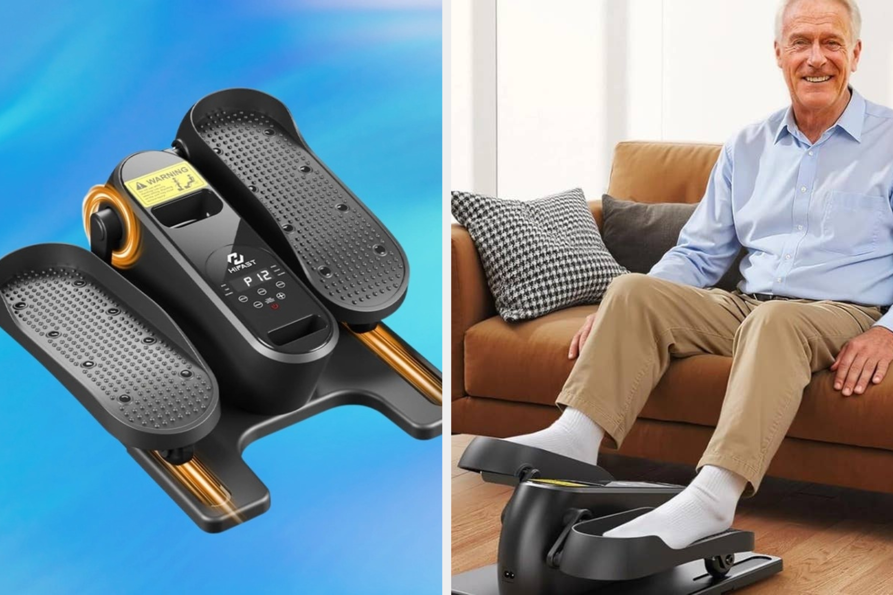 Foot massager displayed alongside a smiling man using it on a couch, highlighting relaxation and comfort