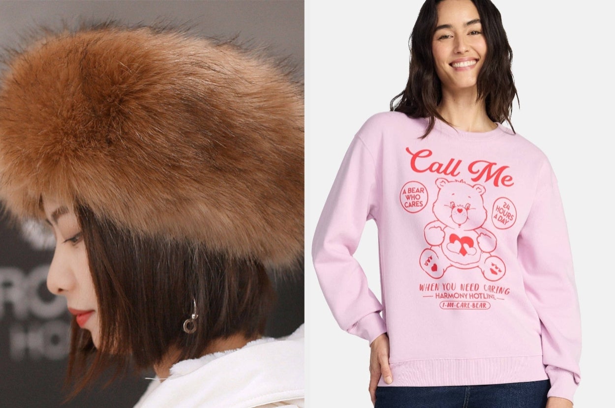 Left: Side profile of a person wearing a fluffy hat. Right: Smiling person in a pink sweater with a teddy bear graphic and text design