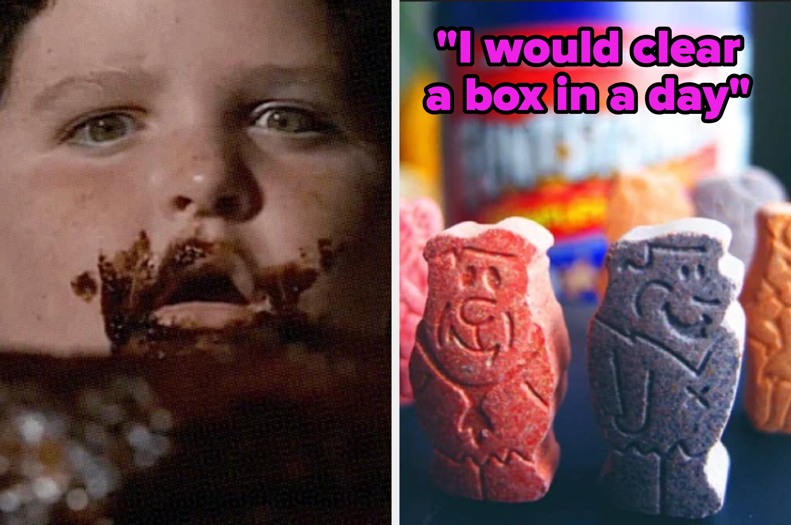 Child eating cake; Flintstones vitamin candies in foreground with brand jar behind
