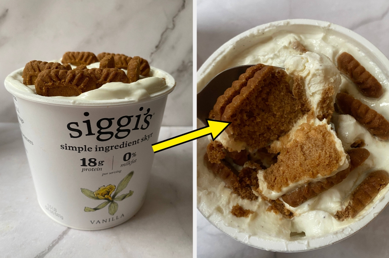 A cup of vanilla yogurt topped with crunchy cookies, some mixed inside, showcasing a creamy and crunchy textural combination