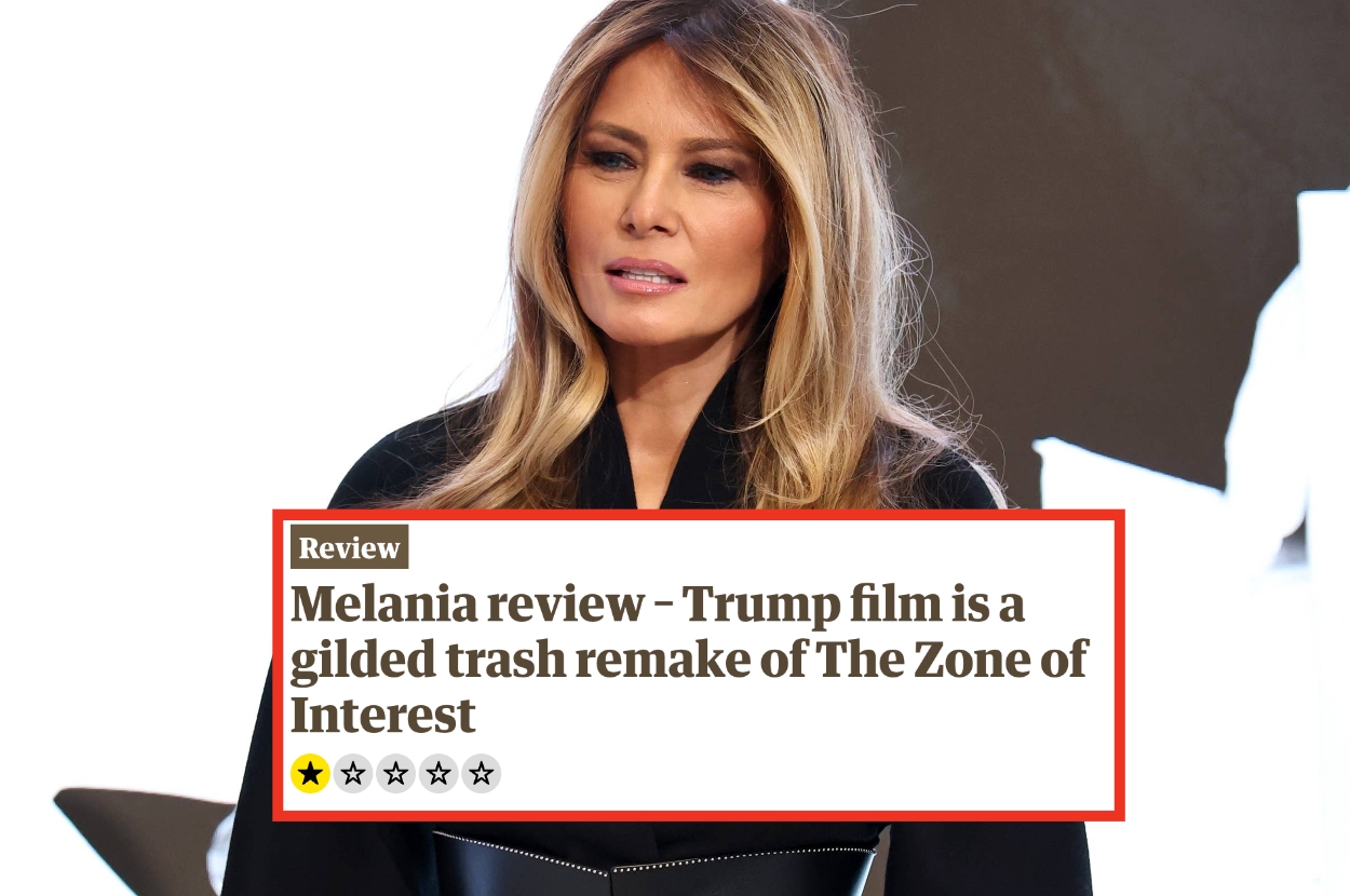 A person stands with long hair and a serious expression. An overlayed review criticizes a Trump film as a poor remake, giving it a 2-out-of-5-star rating