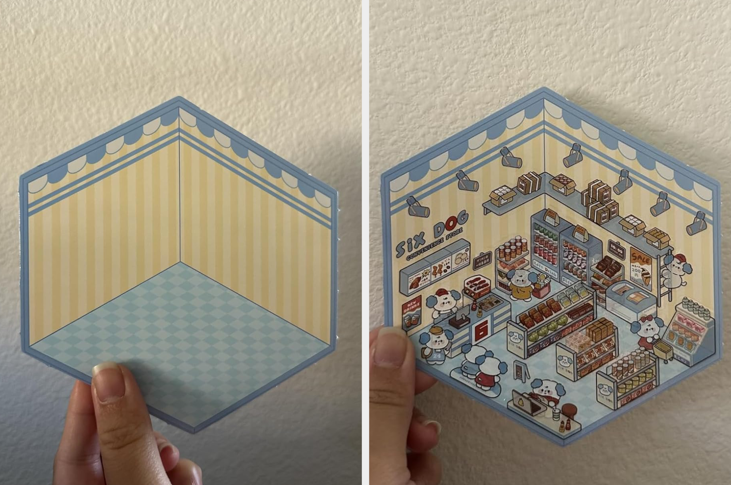 Hexagonal paper with a store interior design featuring shelves, products, and characters styled in a cute, cartoonish manner