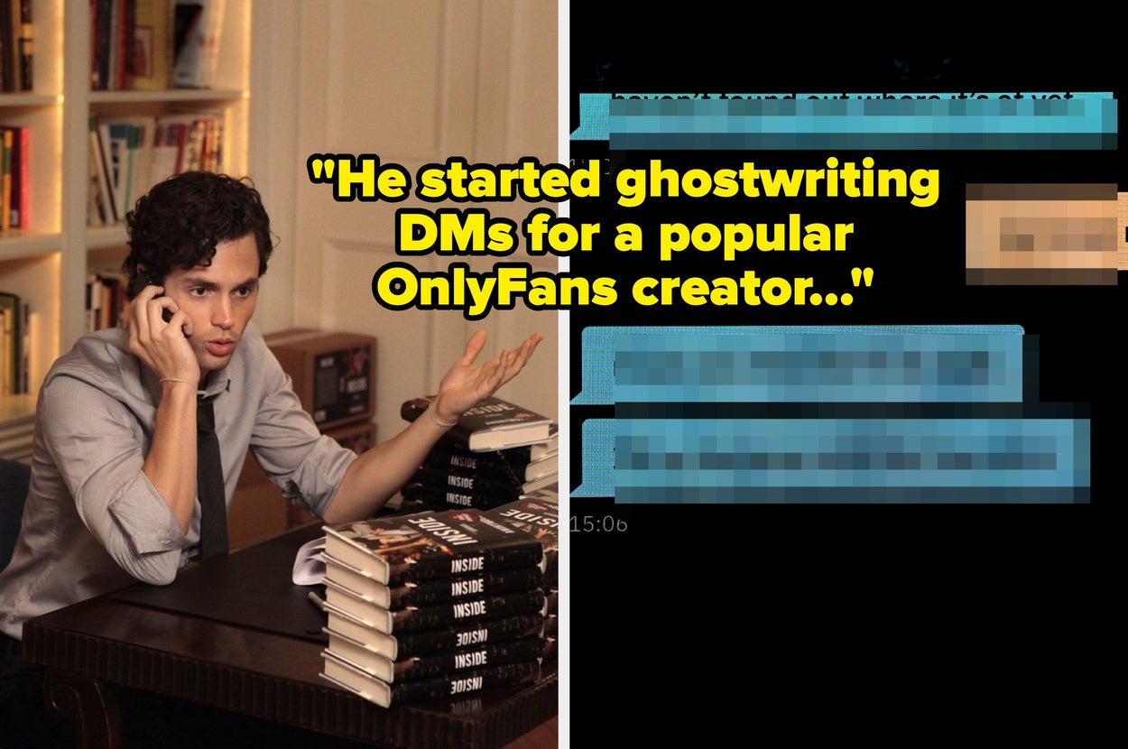 Person on phone gesturing beside a stack of books. Text messages reveal he ghostwrites DMs for a popular OnlyFans creator