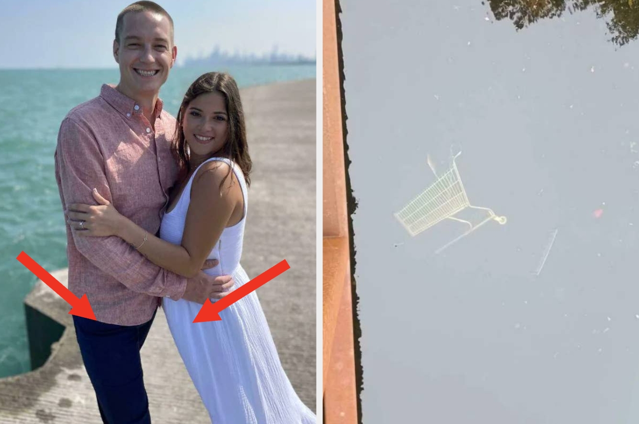 A couple poses happily by the waterfront. Right: A shopping cart is submerged underwater. Red arrows are added for emphasis