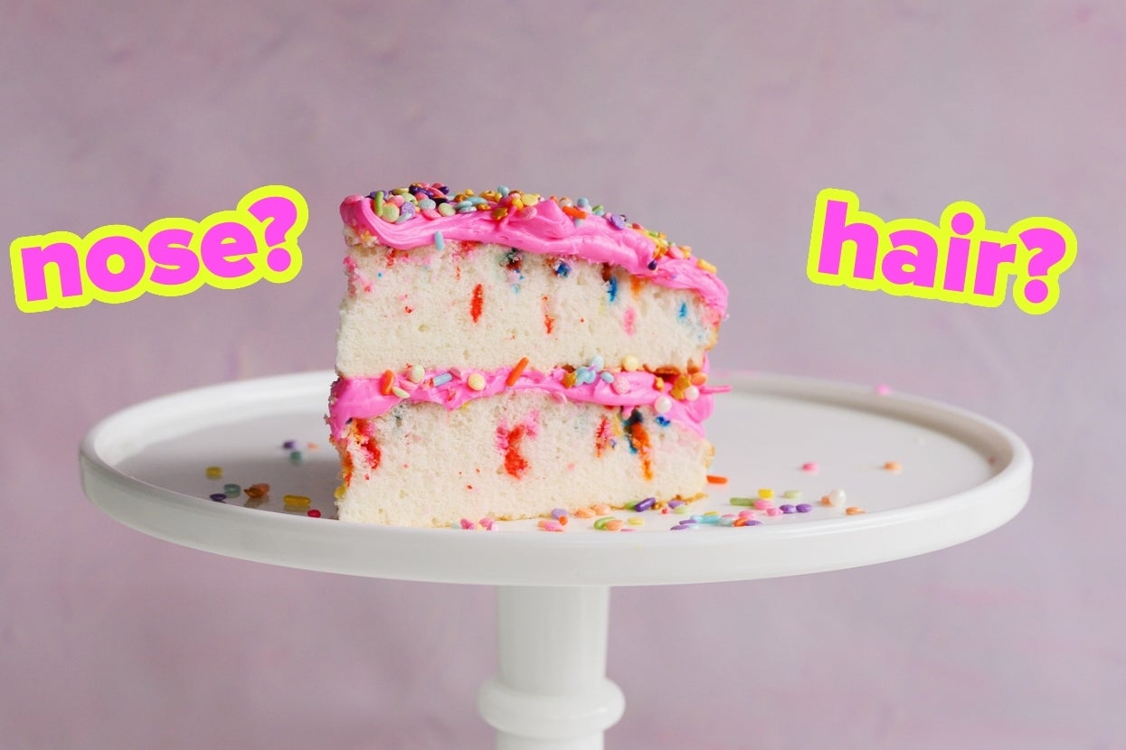 Slice of sprinkle-topped barroom   connected  a basal   with substance   "nose?" and "hair?" successful  bold letters above