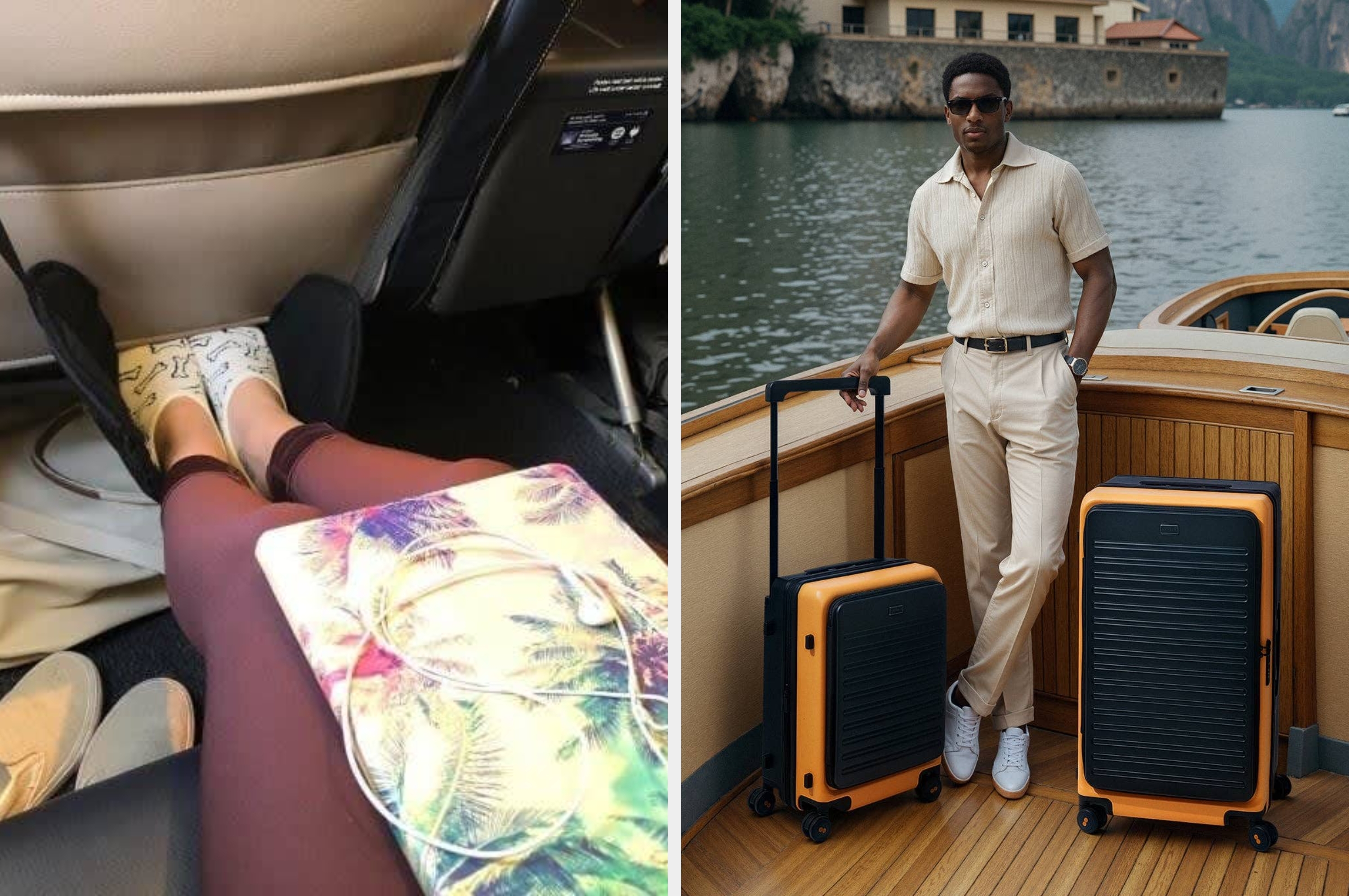 Person in airplane seat using foot hammock, leggings, laptop with palm motif, next to person with orange suitcase in hotel room wearing sneakers