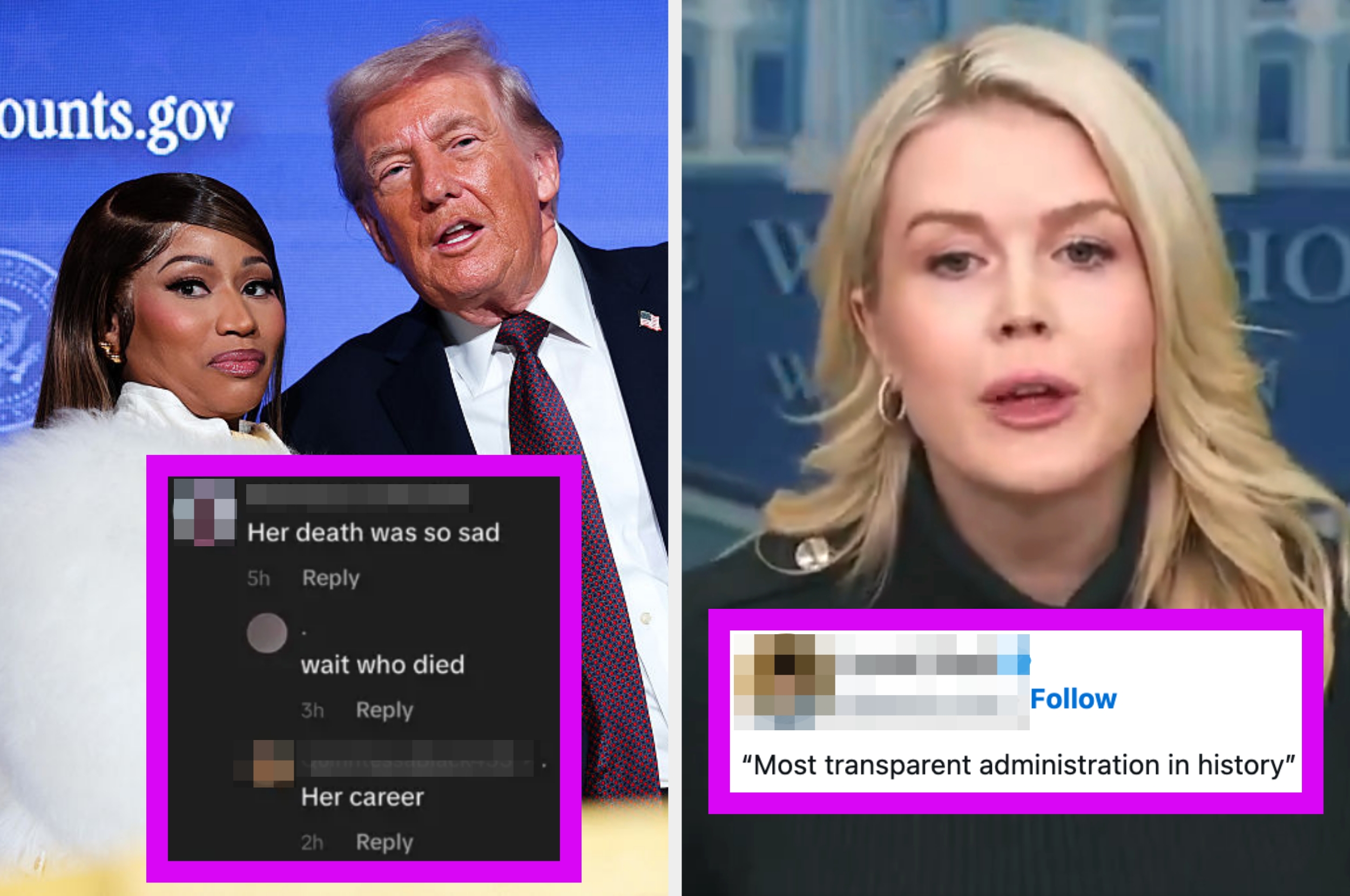 Split image: On the left, nicki minaj and trump. on right, karoline leavitt