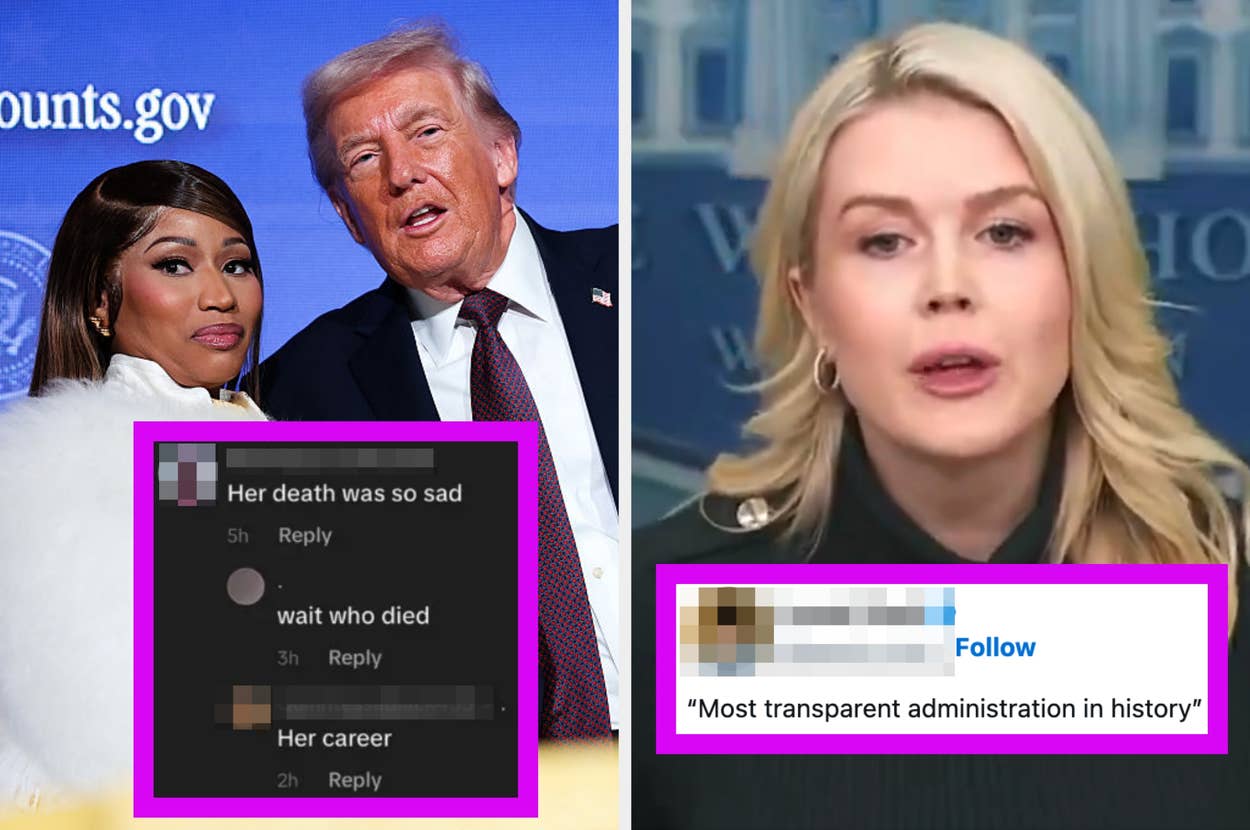 Split image: On the left, nicki minaj and trump. on right, karoline leavitt