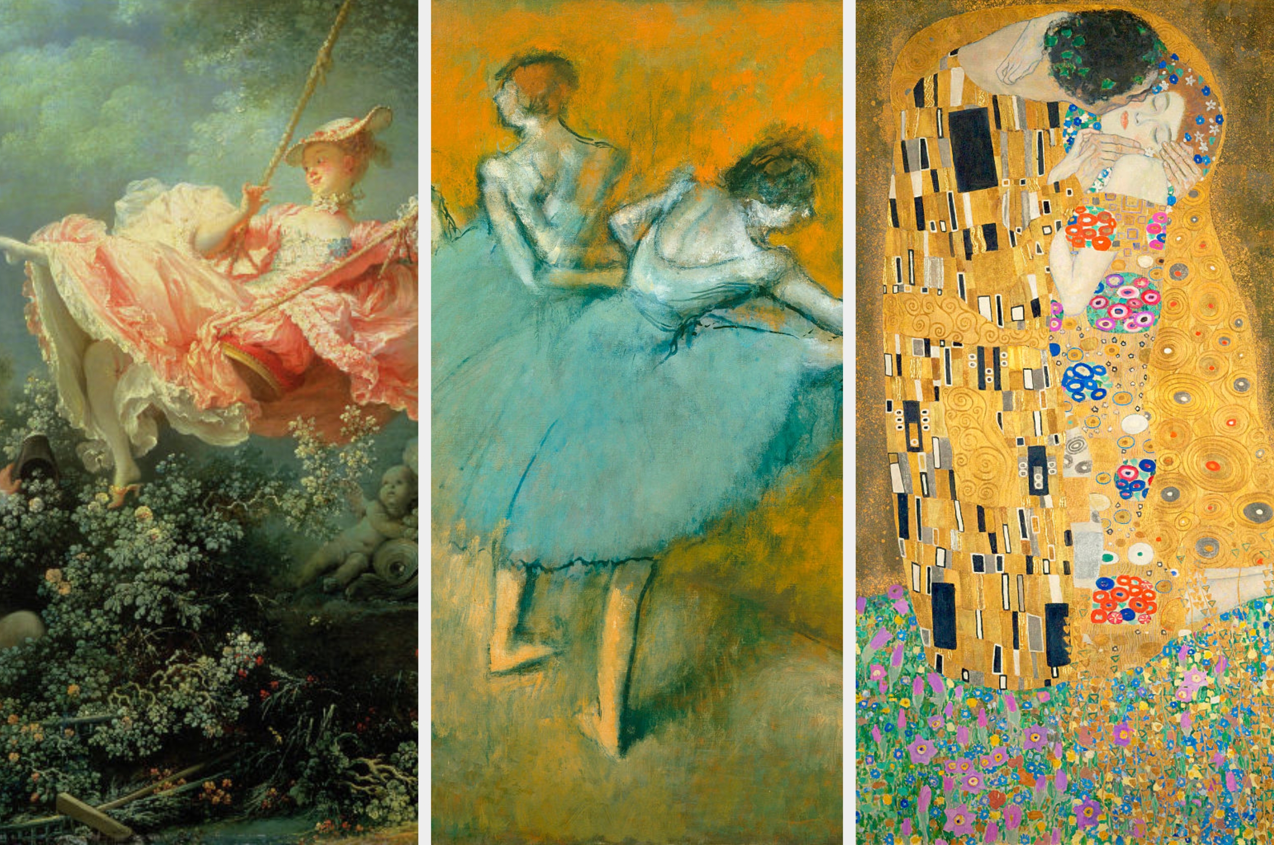 Three iconic paintings: a woman on a swing; two ballet dancers; an embracing couple with elaborate patterns