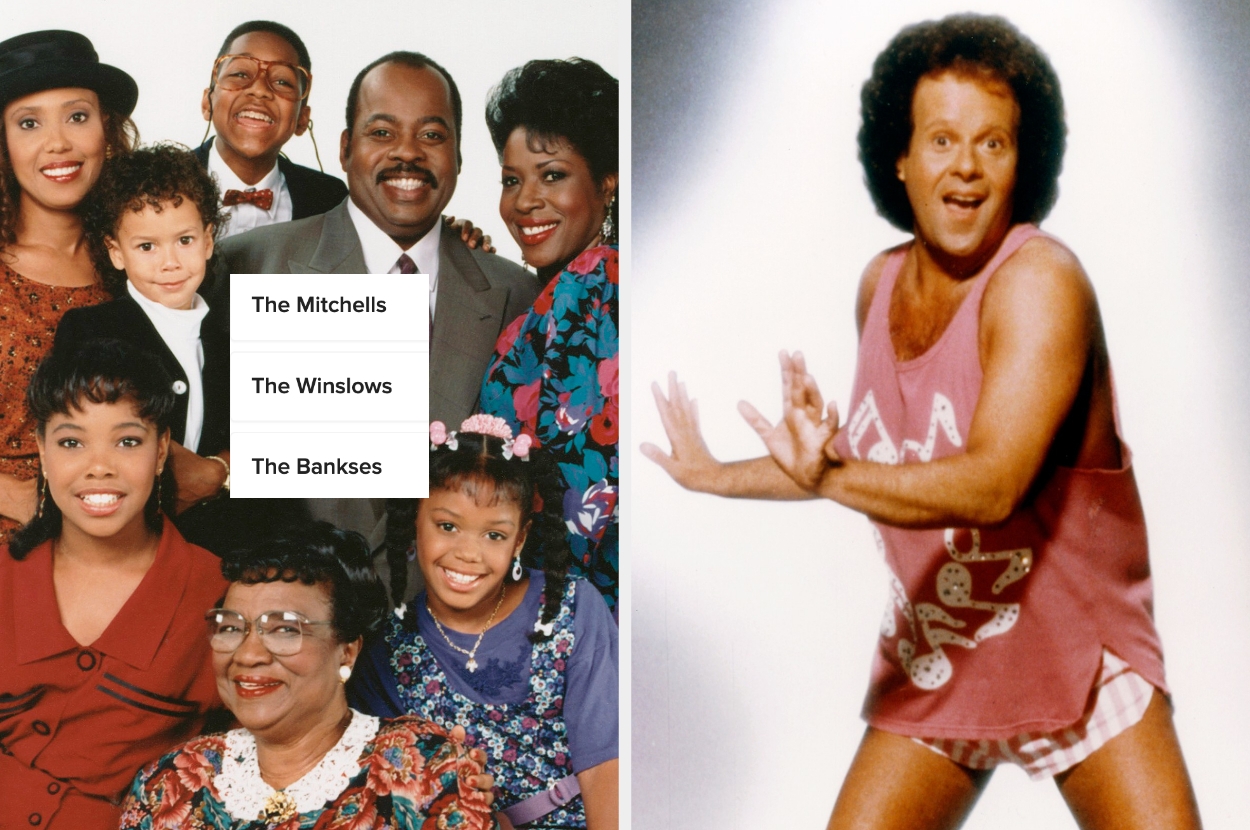 80s TV family on left, man in pink tank top with patterns dancing on right