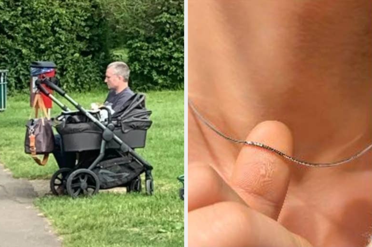 Man using feet to push a stroller on a path; close-up of a fine necklace held between fingers