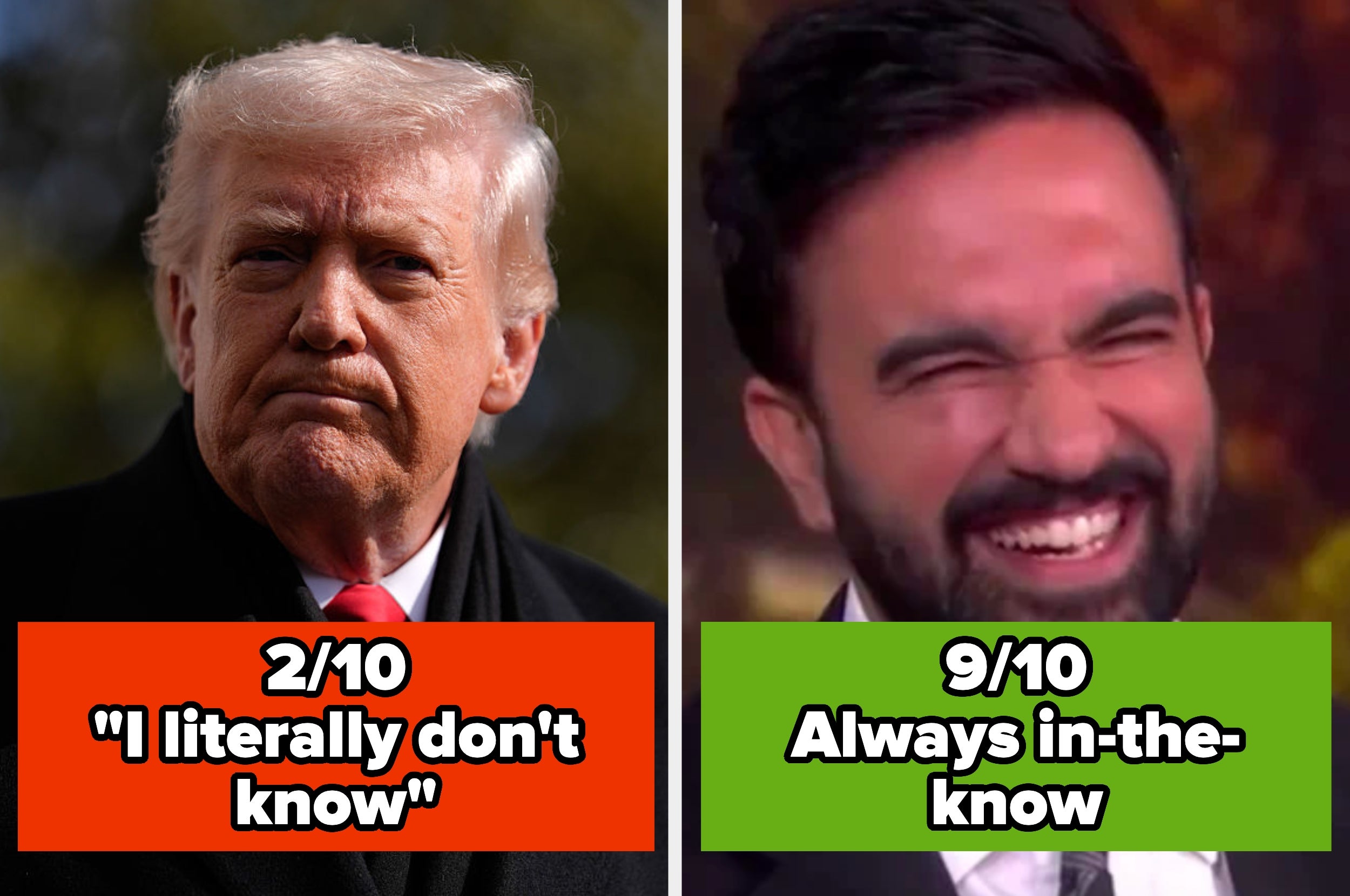 Two side-by-side images rating reactions: left, a stern man labeled "2/10 'I literally don't know'"; right, a laughing man labeled "9/10 Always in-the-know"