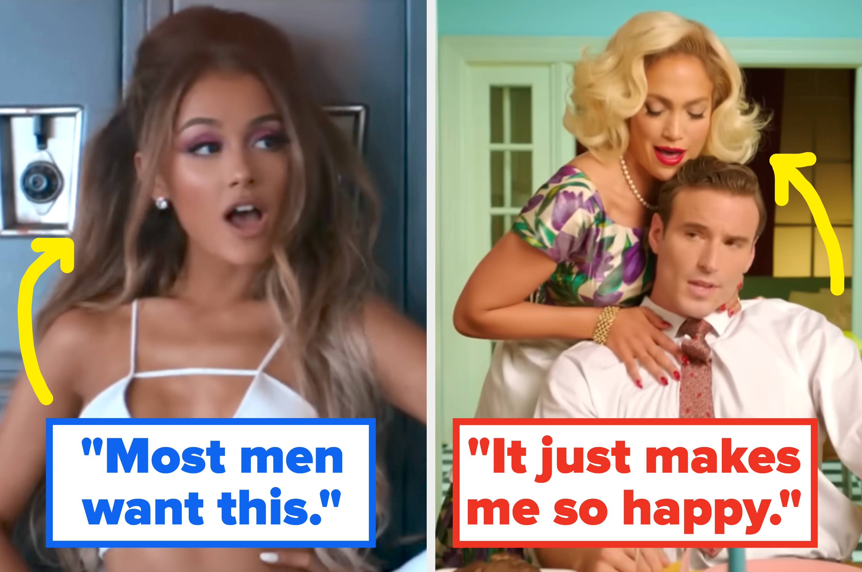 On the left, a woman wearing a revealing top looks surprised. On the right, a woman in a colorful dress leans over a seated man, captioned with quotes