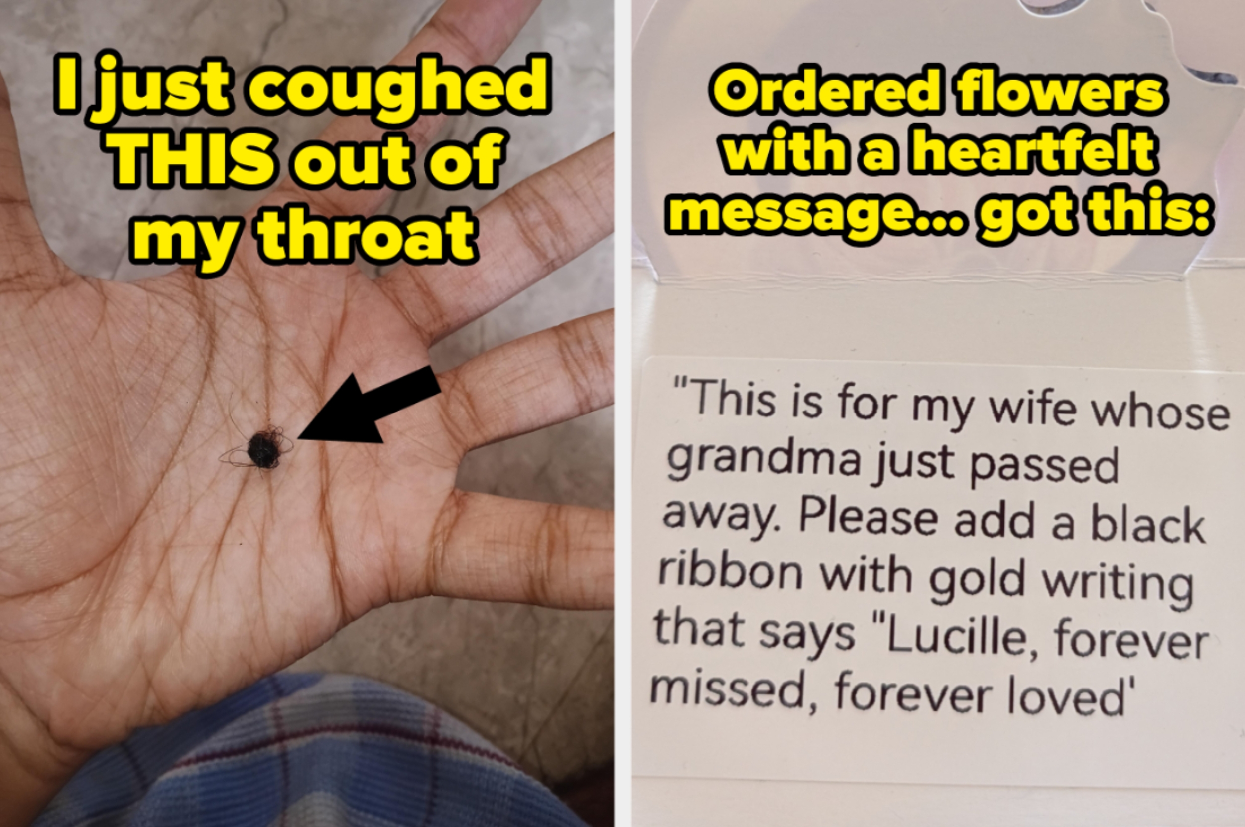Left: Person holds a hairball with text "I just coughed THIS out of my throat." Right: Card text misunderstanding a sympathy message