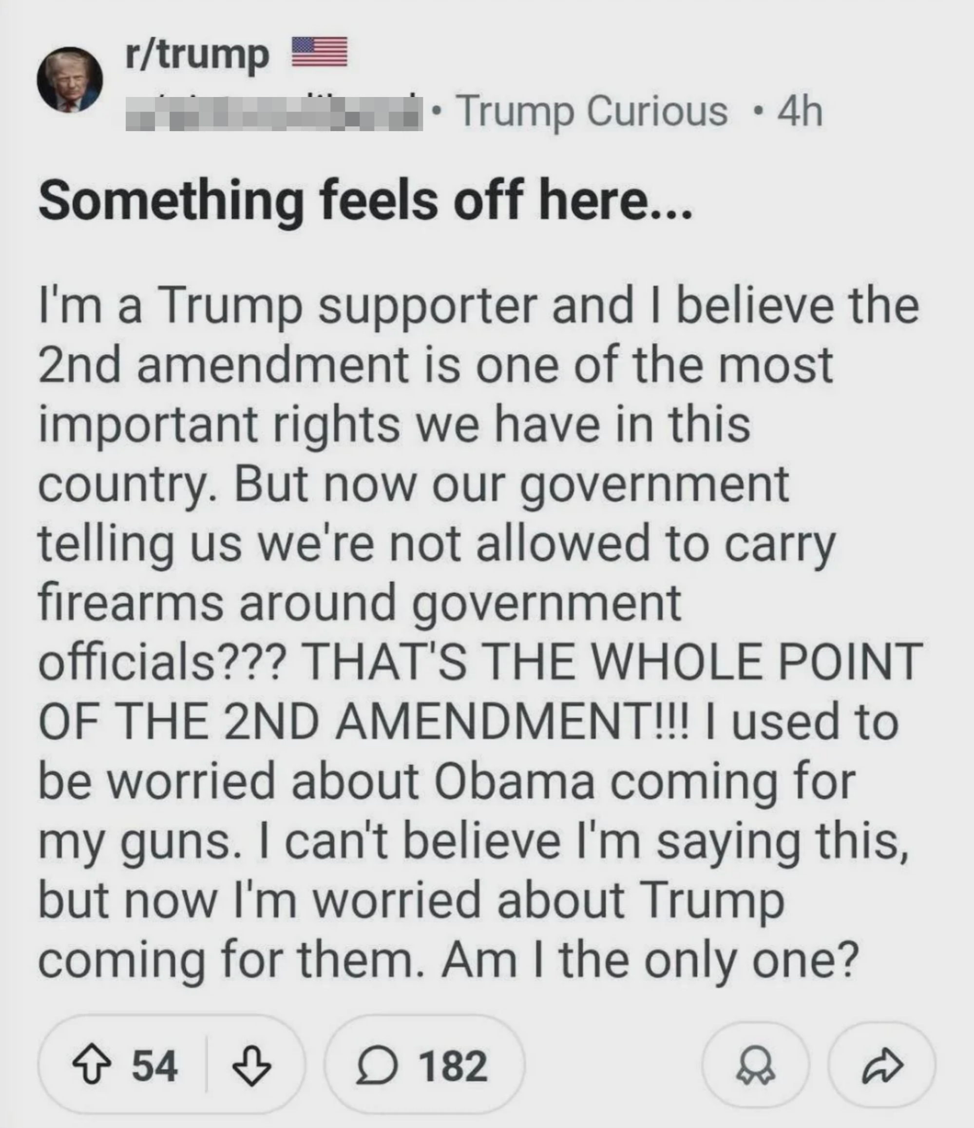 Innlegg på sosiale medier av en Trump-tilhenger som uttrykker bekymring over skytevåpen og regjeringsbegrensninger, med frykt for at Trump skal krenke det andre endringsforslaget