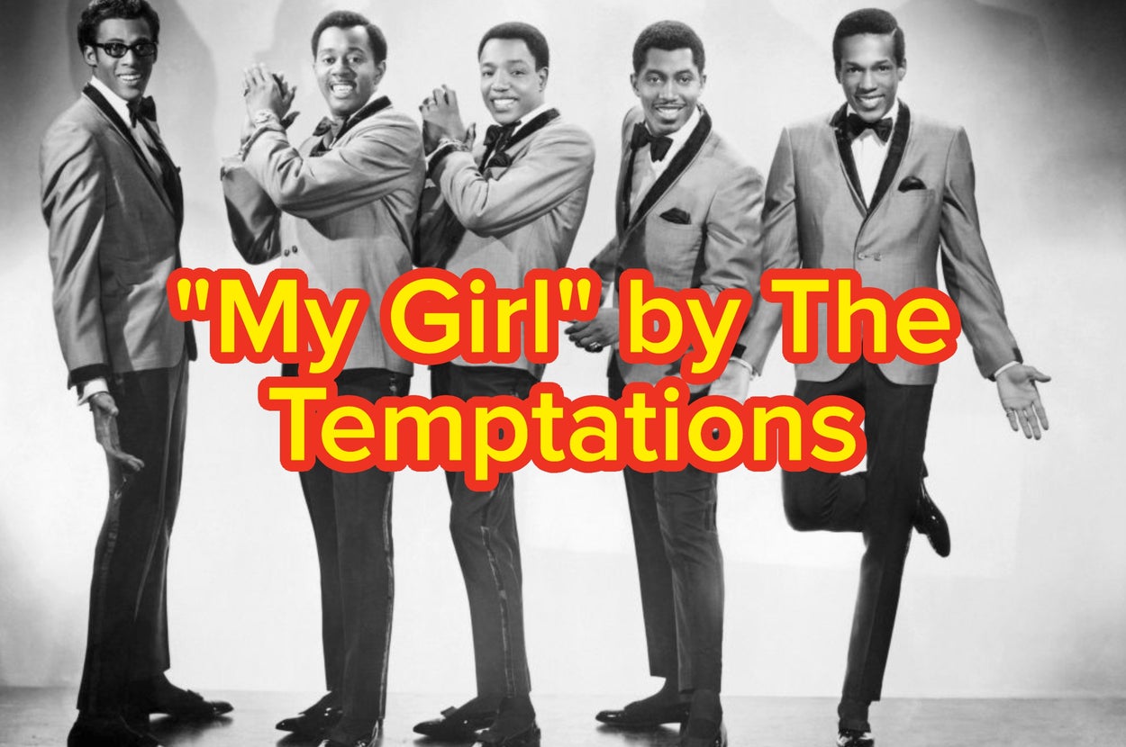 Five men in suits performing choreographed dance steps. Overlaid text reads: "My Girl" by The Temptations